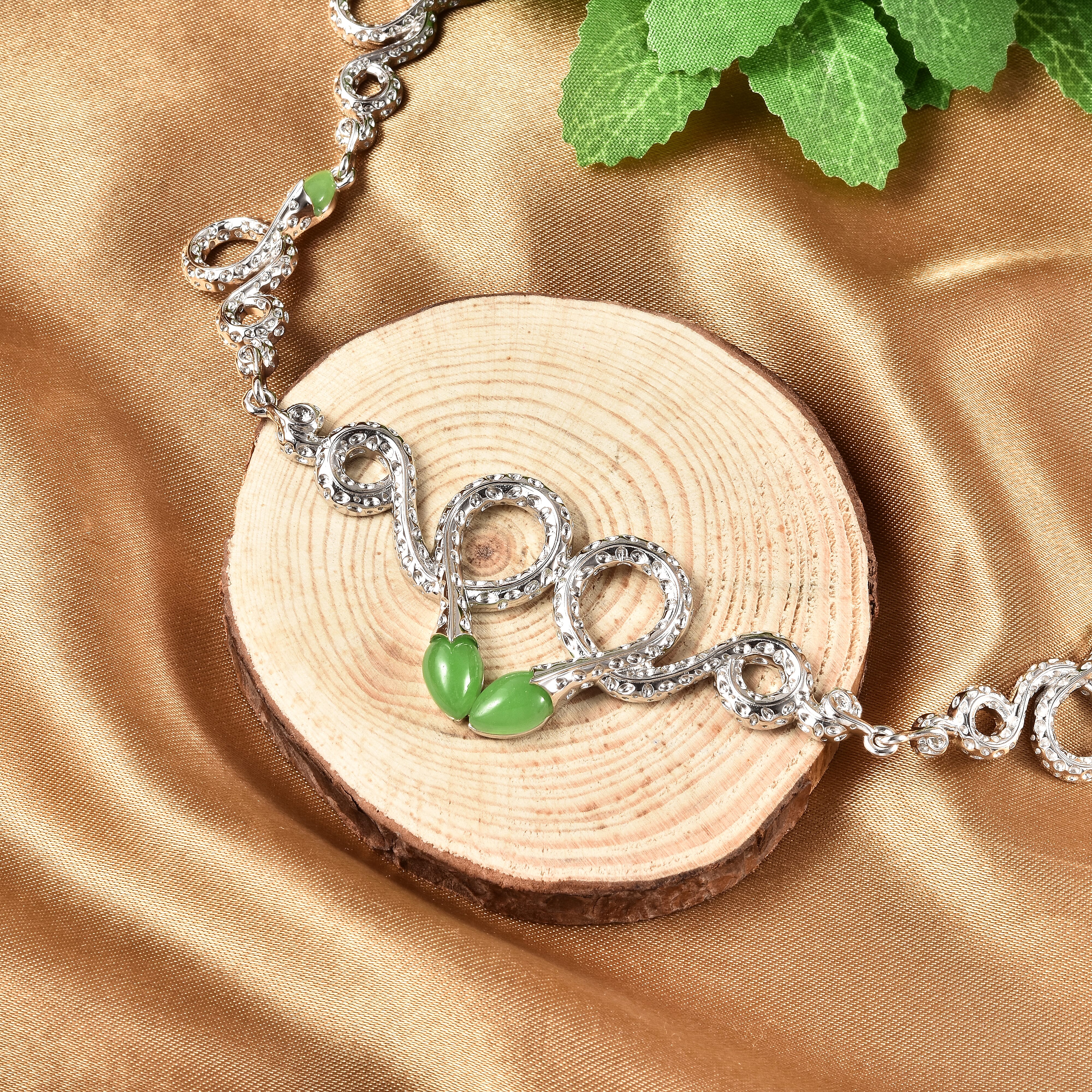 RACHEL GALLEY Venom (Snakes) Collection - Green Jade Necklace (Size 20-4 Inch Ext.) in Rhodium Overlay Sterling Silver 5.51 Ct, Silver Wt 27.20 Gms