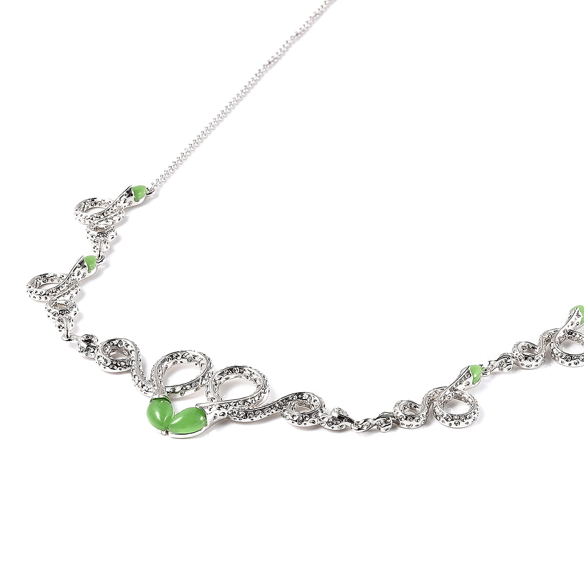 RACHEL GALLEY Venom (Snakes) Collection - Green Jade Necklace (Size 20-4 Inch Ext.) in Rhodium Overlay Sterling Silver 5.51 Ct, Silver Wt 27.20 Gms