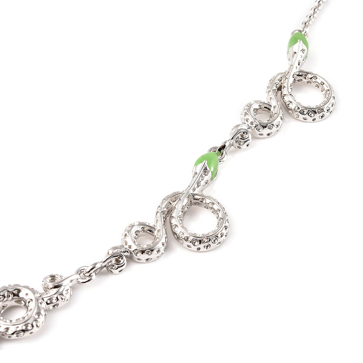 RACHEL GALLEY Venom (Snakes) Collection - Green Jade Necklace (Size 20-4 Inch Ext.) in Rhodium Overlay Sterling Silver 5.51 Ct, Silver Wt 27.20 Gms