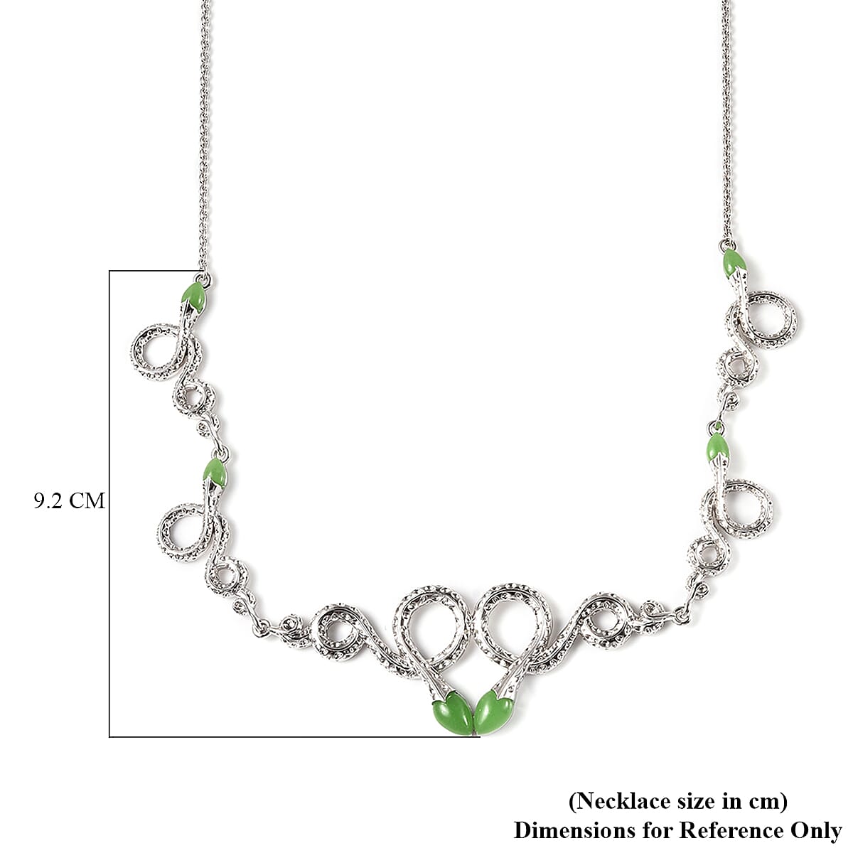 RACHEL GALLEY Venom (Snakes) Collection - Green Jade Necklace (Size 20-4 Inch Ext.) in Rhodium Overlay Sterling Silver 5.51 Ct, Silver Wt 27.20 Gms