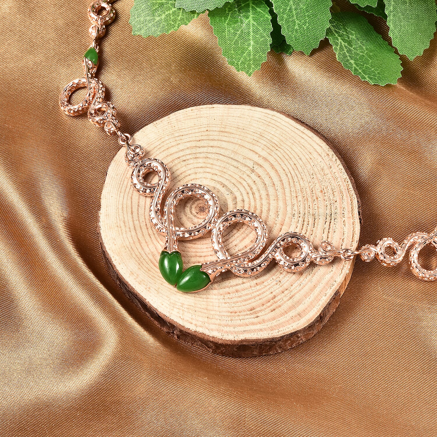 Rachel Galley Venom (Snakes) Collection - Green Jade Necklace (Size 20-4 Inch Ext.) in Rose Gold Overlay Sterling Silver 5.51 Ct, Silver Wt. 31.00 Gms