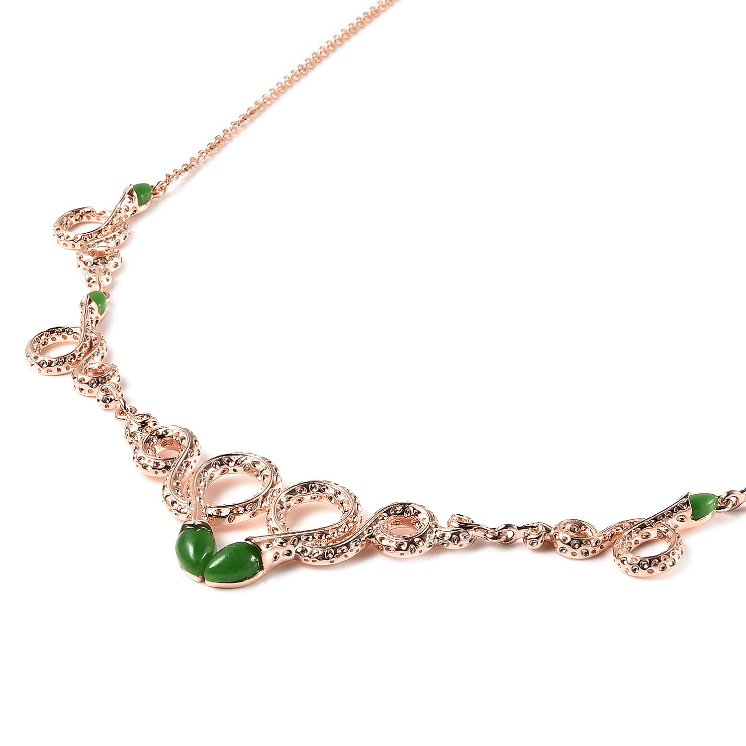 Rachel Galley Venom (Snakes) Collection - Green Jade Necklace (Size 20-4 Inch Ext.) in Rose Gold Overlay Sterling Silver 5.51 Ct, Silver Wt. 31.00 Gms