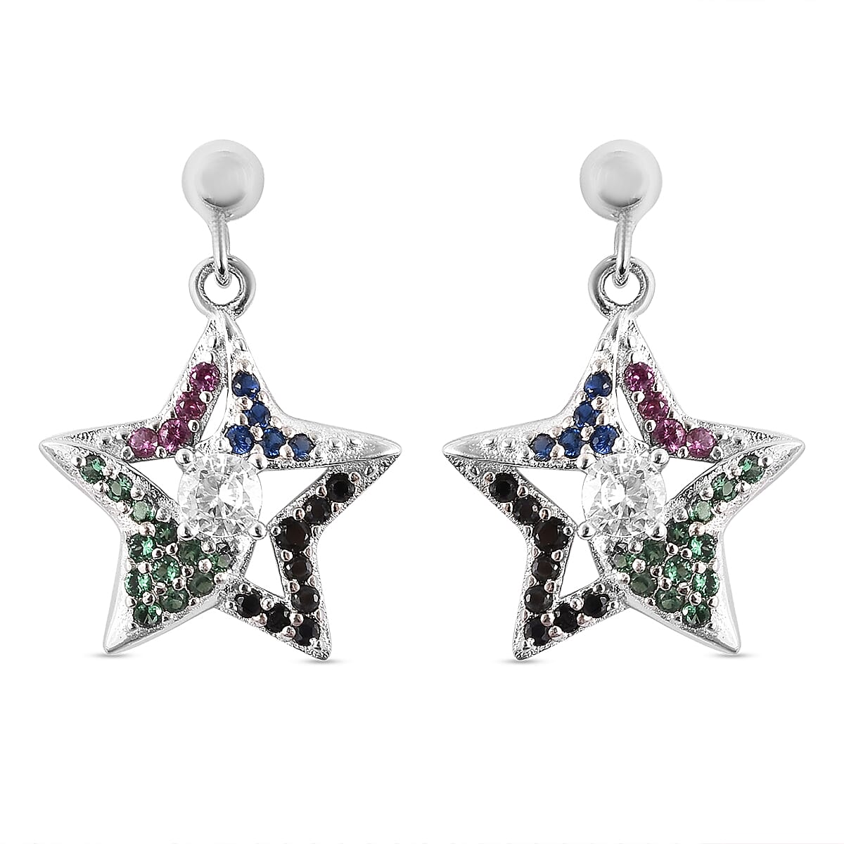 ELANZA Multi Colour Simulated Diamond Star Earrings (with Push Back) in Rhodium Overlay Sterling Silver