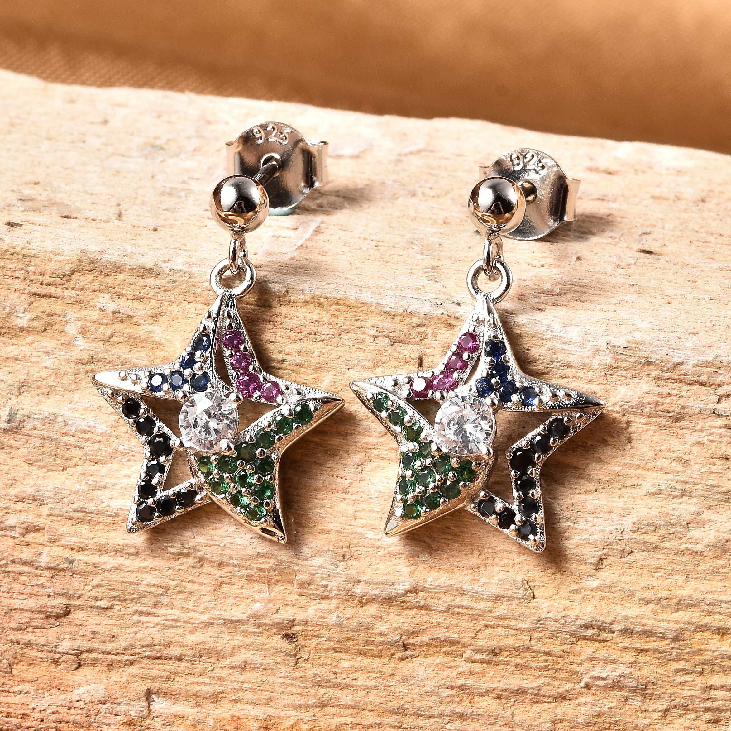 ELANZA Multi Colour Simulated Diamond Star Earrings (with Push Back) in Rhodium Overlay Sterling Silver