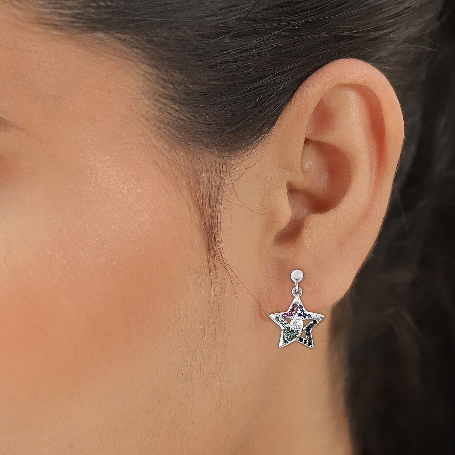 ELANZA Multi Colour Simulated Diamond Star Earrings (with Push Back) in Rhodium Overlay Sterling Silver