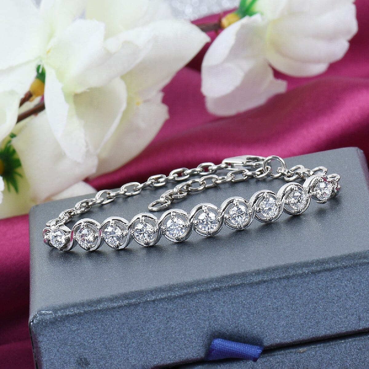 Lustro Stella - Platinum Overlay Sterling Silver Bracelet (Size 7.5) Made with Finest CZ 3.770 Ct.