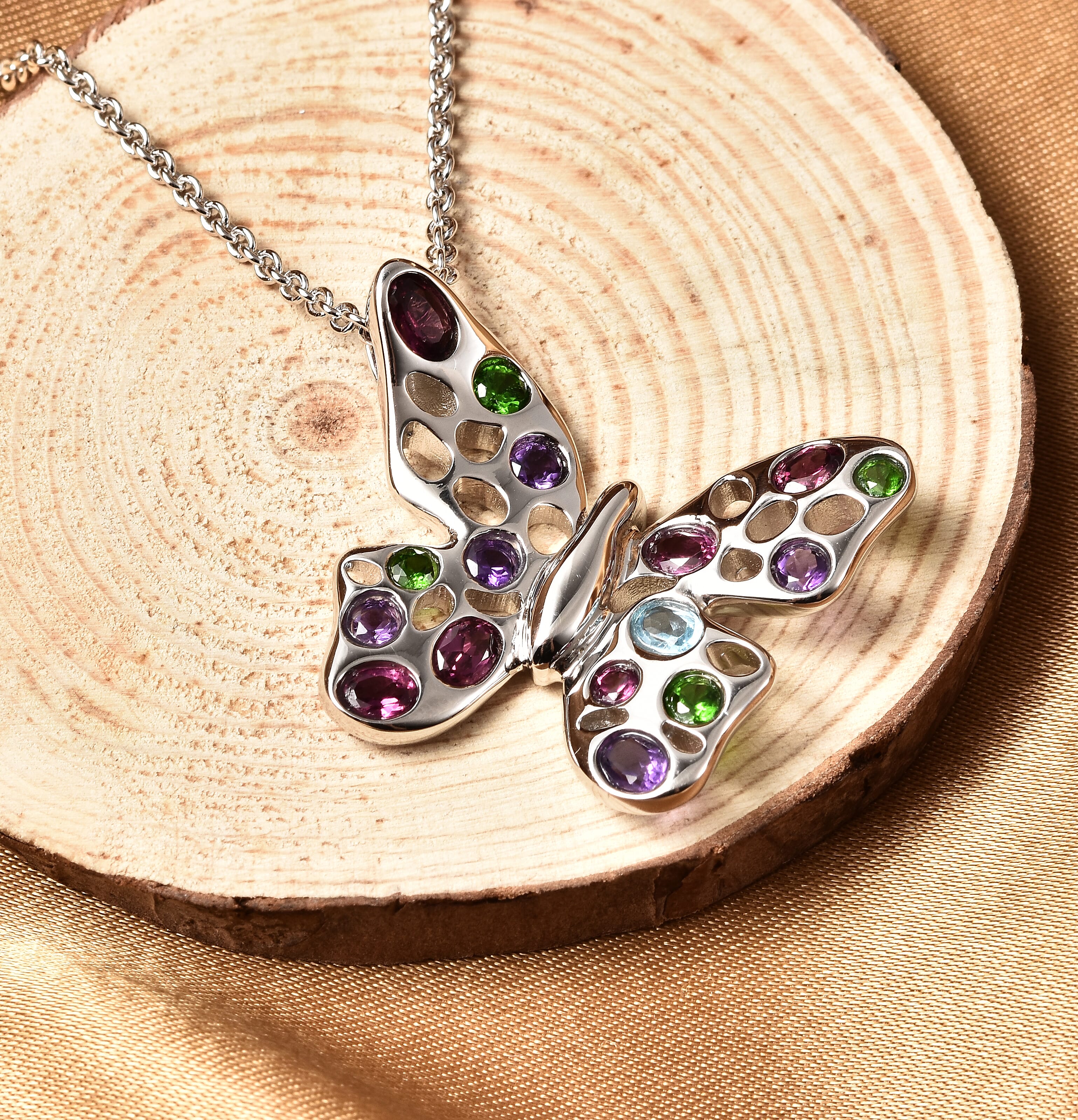 Rachel Galley Flutter (Butterflies) Collection - Rhodolite Garnet, Swiss Blue Topaz, Chrome Diopside and Amethyst Pendant with Chain (Size 20) in Rhodium Overlay Sterling Silver 2.50 ct.