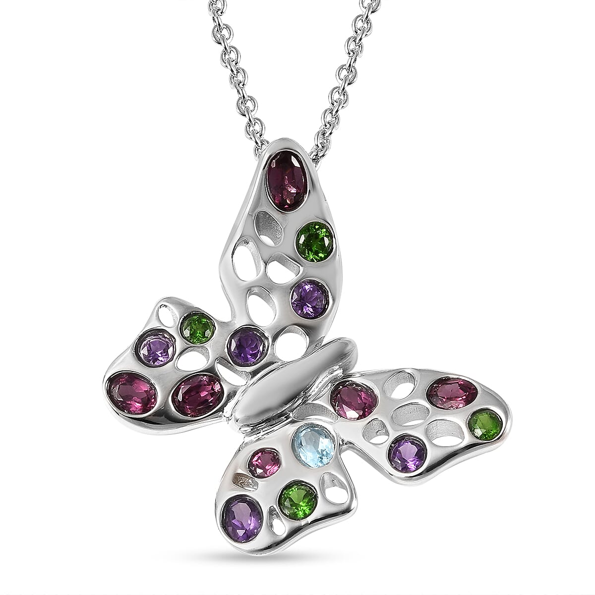 Rachel Galley Flutter (Butterflies) Collection - Rhodolite Garnet, Swiss Blue Topaz, Chrome Diopside and Amethyst Pendant with Chain (Size 20) in Rhodium Overlay Sterling Silver 2.50 ct.