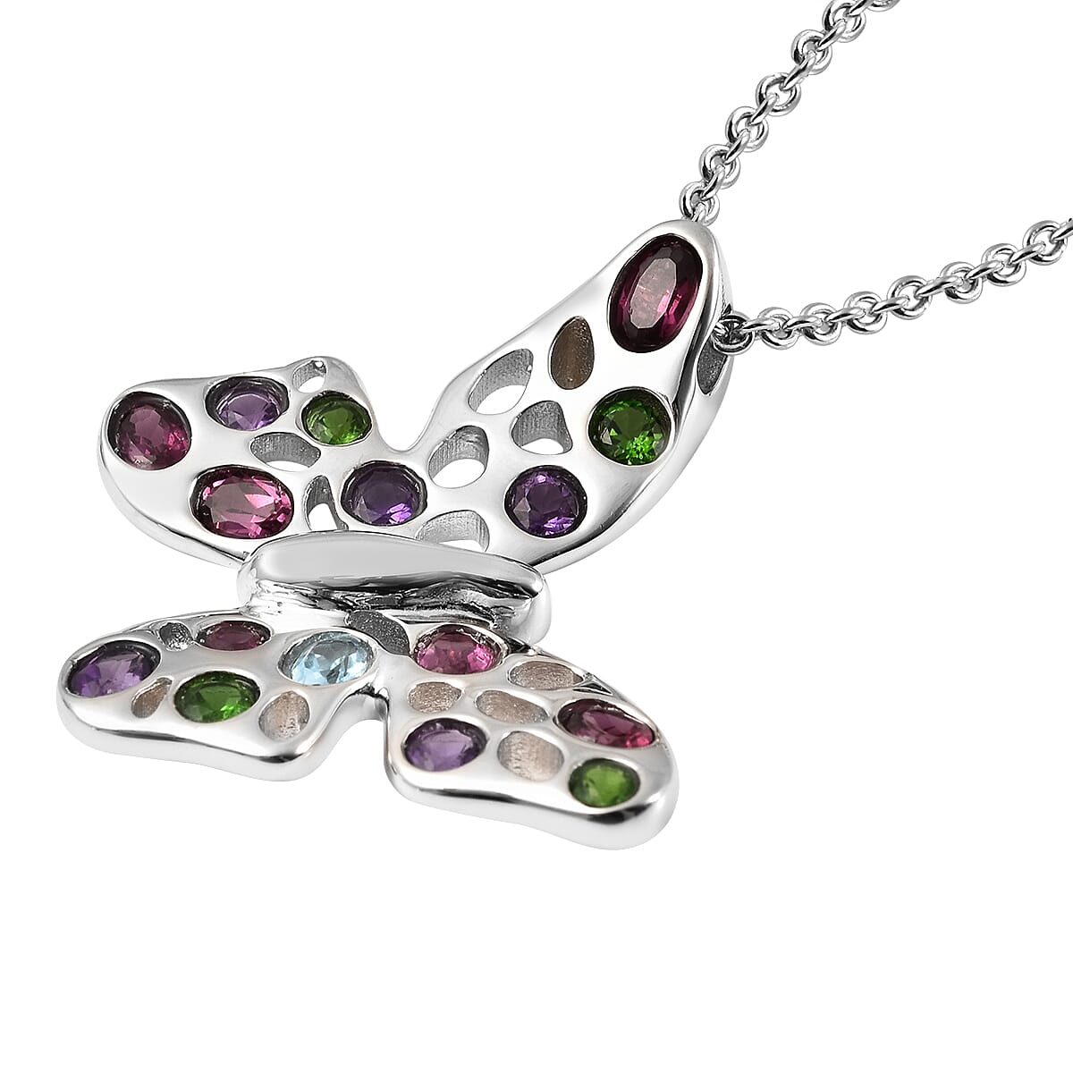 Rachel Galley Flutter (Butterflies) Collection - Rhodolite Garnet, Swiss Blue Topaz, Chrome Diopside and Amethyst Pendant with Chain (Size 20) in Rhodium Overlay Sterling Silver 2.50 ct.