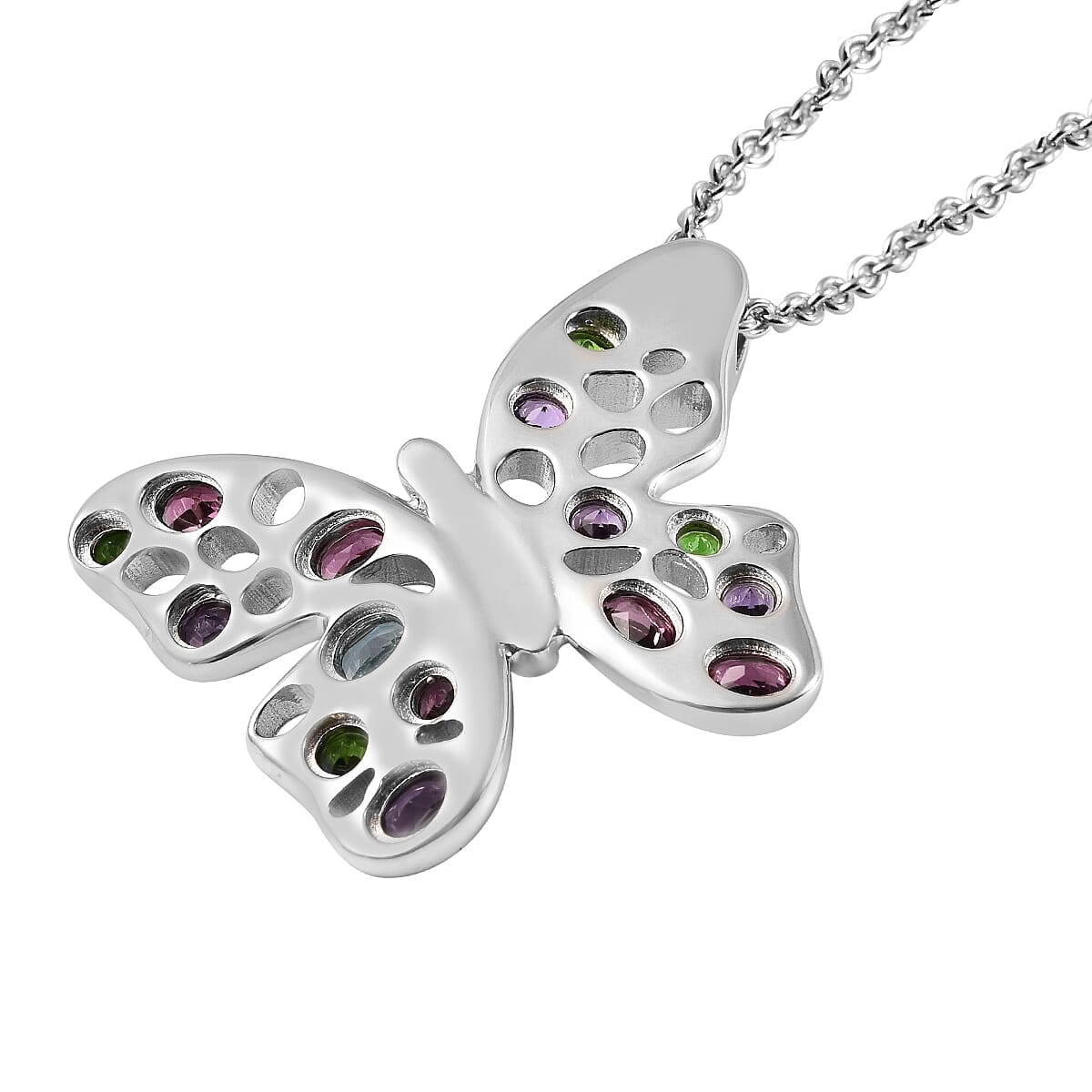 Rachel Galley Flutter (Butterflies) Collection - Rhodolite Garnet, Swiss Blue Topaz, Chrome Diopside and Amethyst Pendant with Chain (Size 20) in Rhodium Overlay Sterling Silver 2.50 ct.
