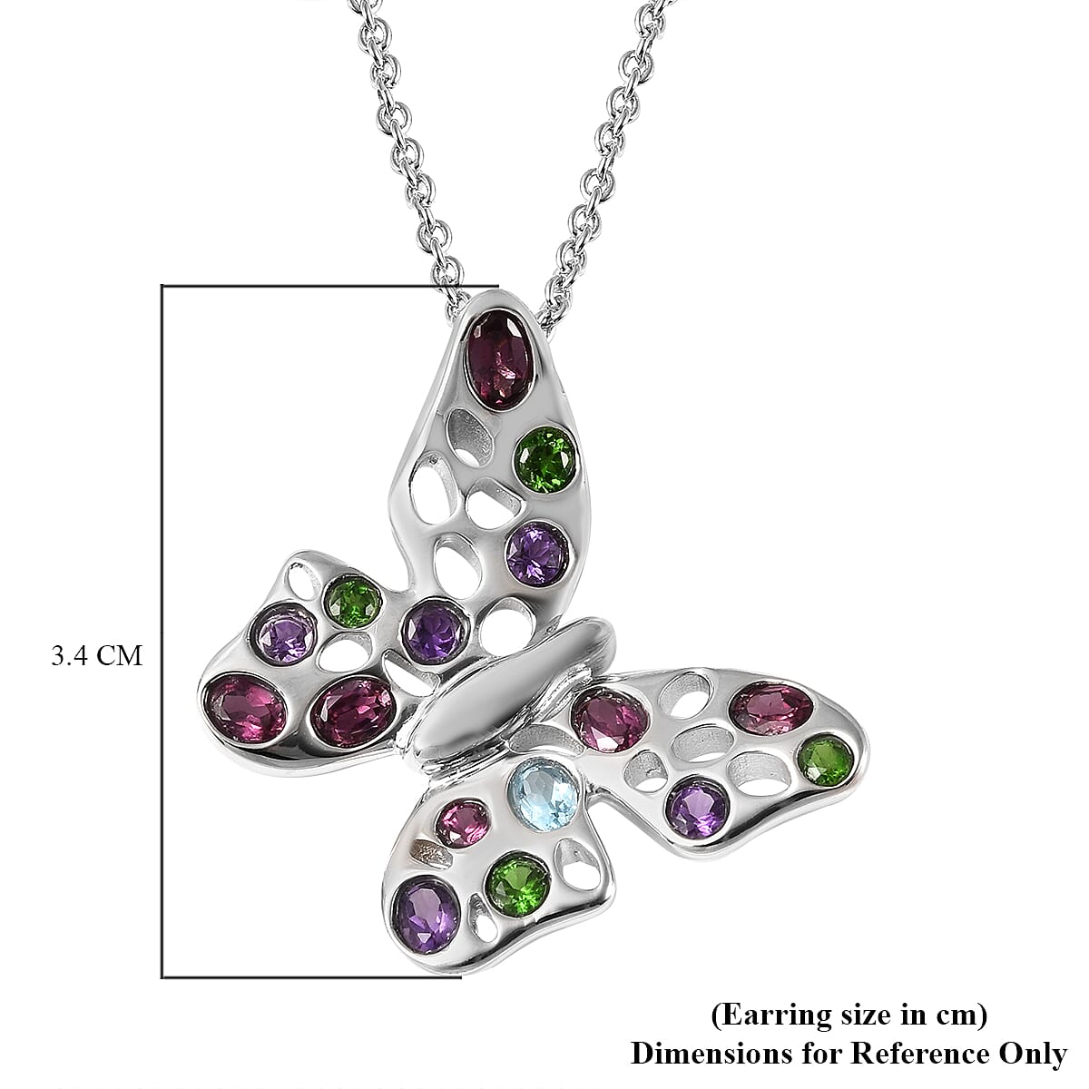 Rachel Galley Flutter (Butterflies) Collection - Rhodolite Garnet, Swiss Blue Topaz, Chrome Diopside and Amethyst Pendant with Chain (Size 20) in Rhodium Overlay Sterling Silver 2.50 ct.