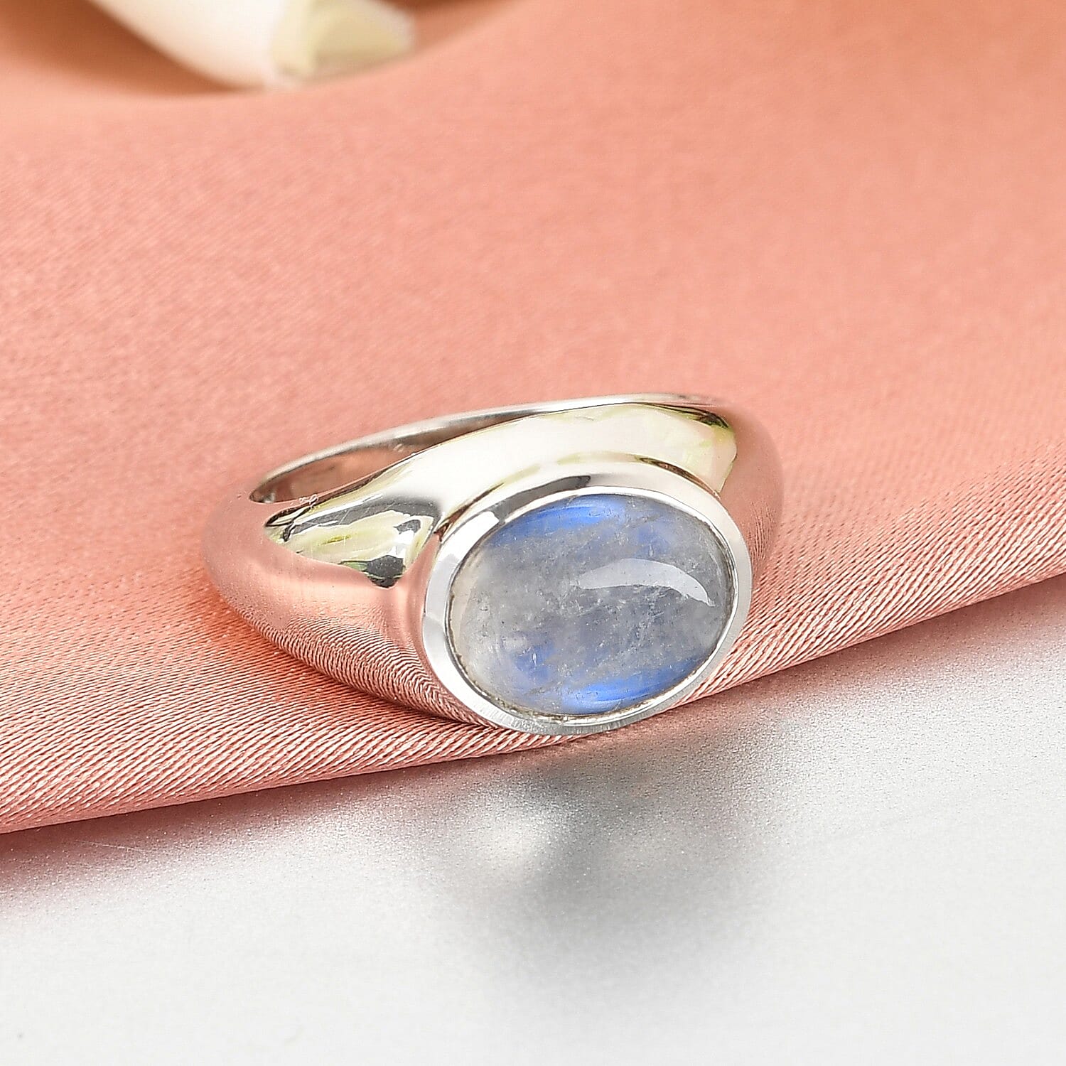 Rainbow Moonstone Mens Ring in Platinum Overlay Sterling Silver