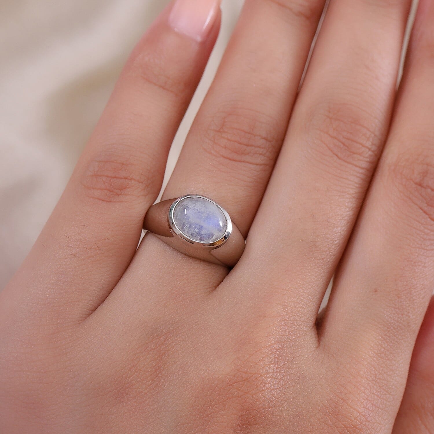 Rainbow Moonstone Mens Ring in Platinum Overlay Sterling Silver