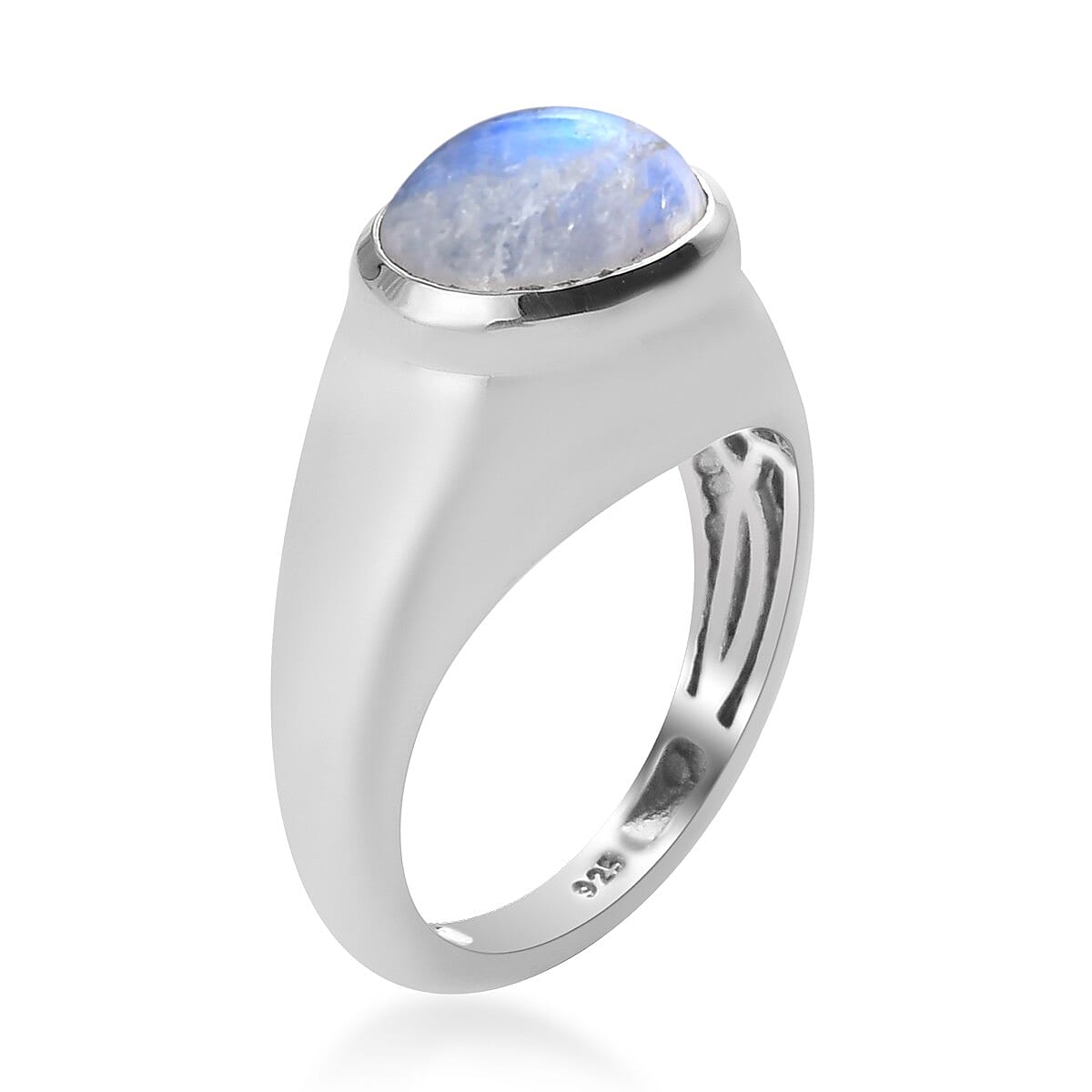Rainbow Moonstone Mens Ring in Platinum Overlay Sterling Silver