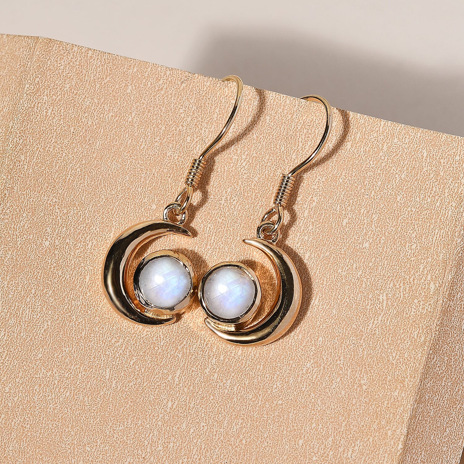 Rainbow Moonstone Dangle Earrings in 18K Yellow Gold Vermeil Plated Sterling Silver 1.93 Ct.