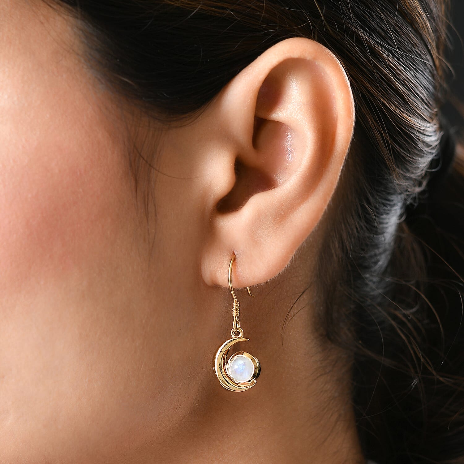 Rainbow Moonstone Dangle Earrings in 18K Yellow Gold Vermeil Plated Sterling Silver 1.93 Ct.