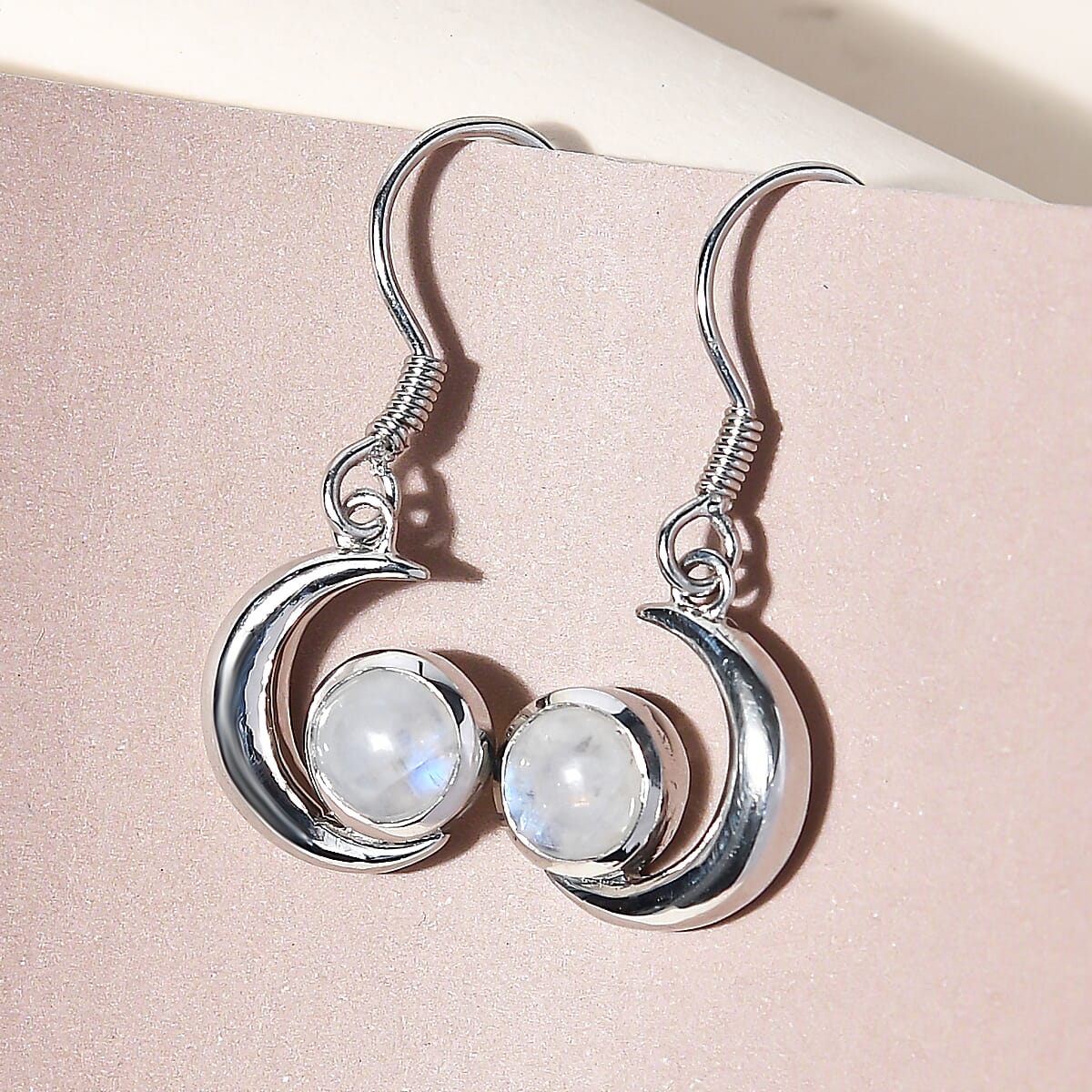 Rainbow Moonstone Dangle Earrings in Platinum Overlay Sterling Silver 1.93 Ct.