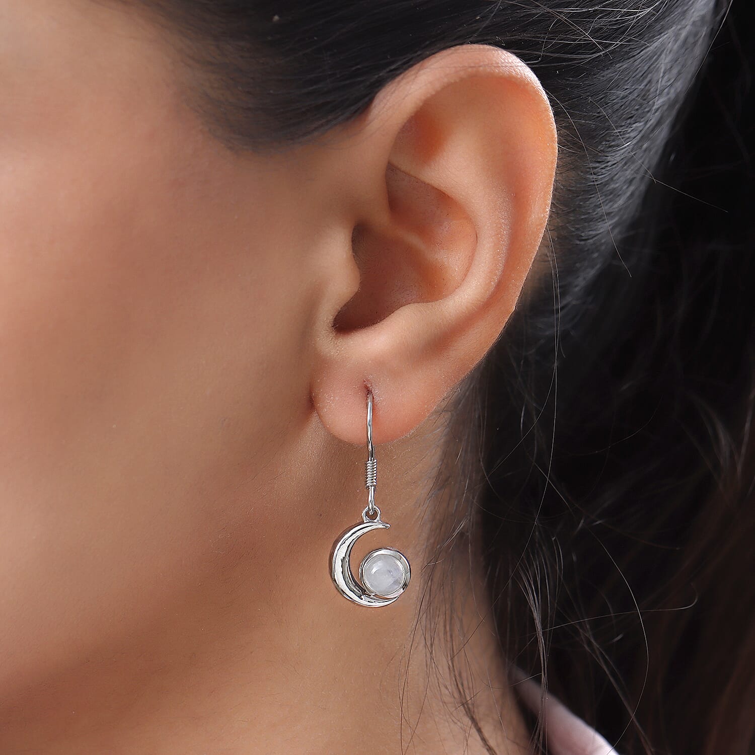 Rainbow Moonstone Dangle Earrings in Platinum Overlay Sterling Silver 1.93 Ct.