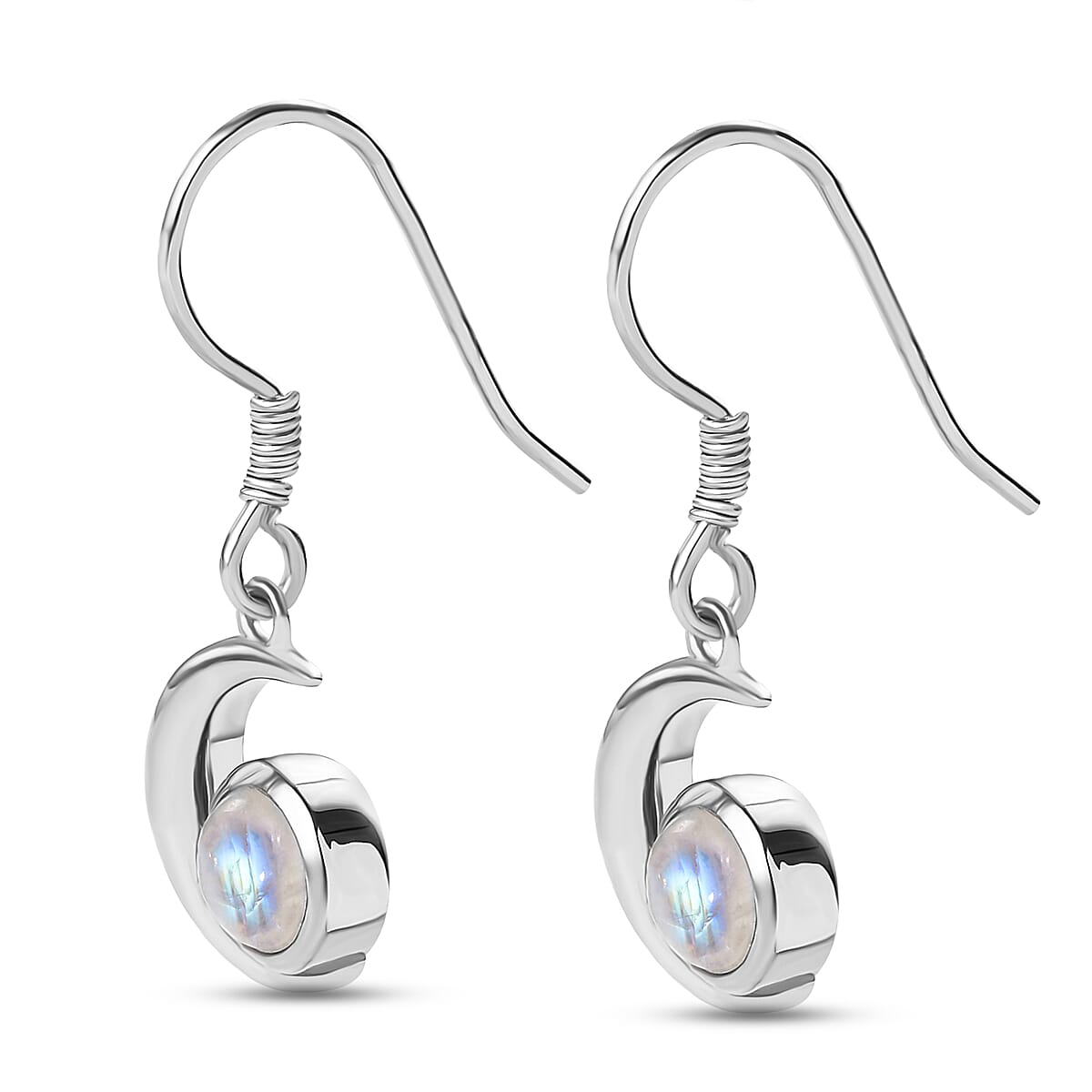 Rainbow Moonstone Dangle Earrings in Platinum Overlay Sterling Silver 1.93 Ct.