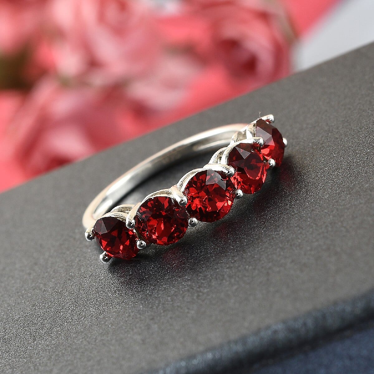 Lustro Stella  Scarlet Crystal 5 Stone Ring in Sterling Silver
