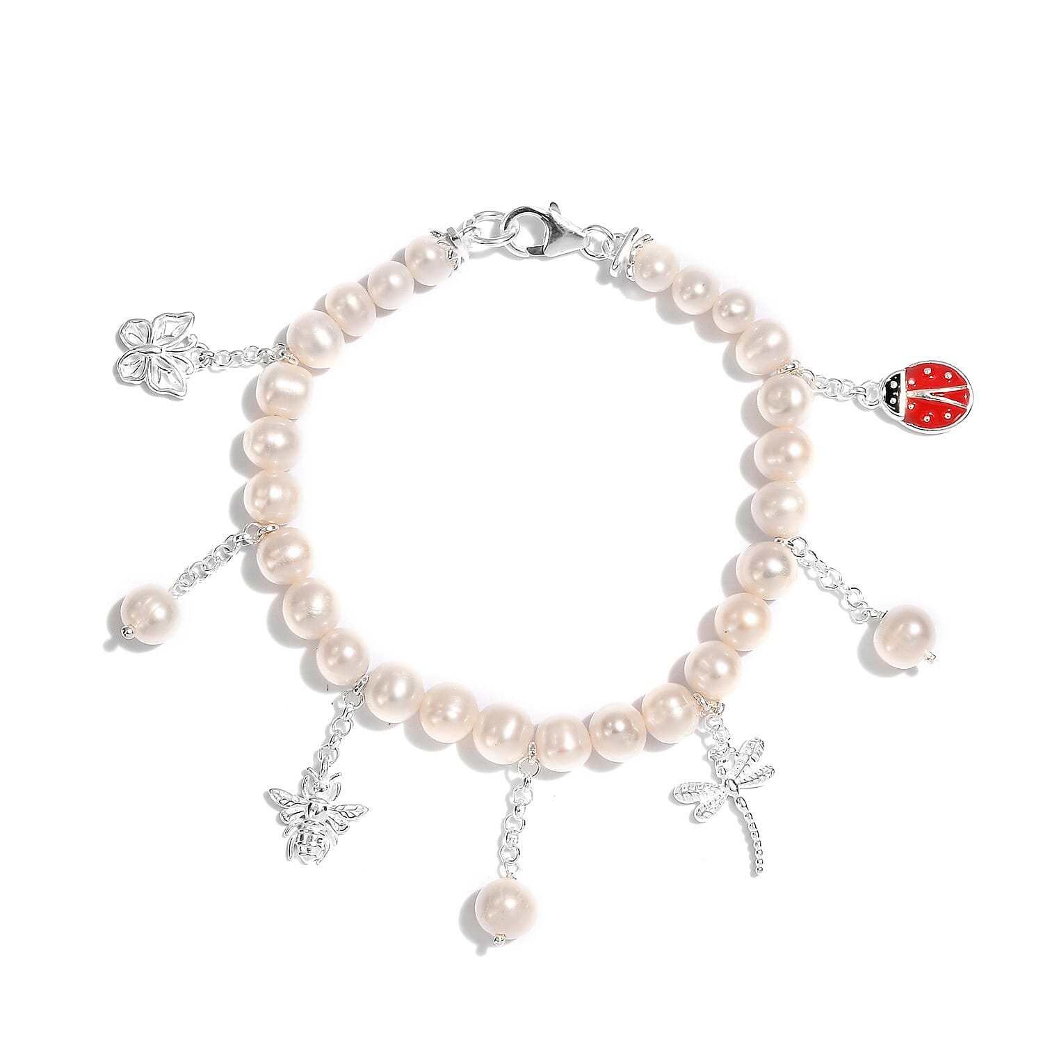 Freshwater Pearl Multi Charm Enamelled Bracelet (Size - 7) in Sterling Silver 54.00 Ct, Silver wt 4.34 Gms