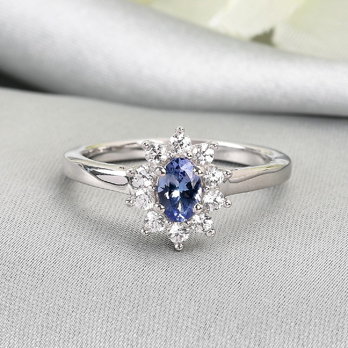 Tanzanite and Natural Cambodian Zircon Ring in Platinum Overlay Sterling Silver
