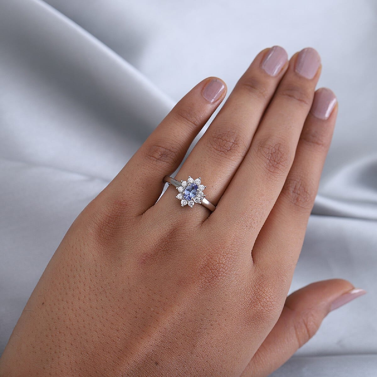 Tanzanite and Natural Cambodian Zircon Ring in Platinum Overlay Sterling Silver