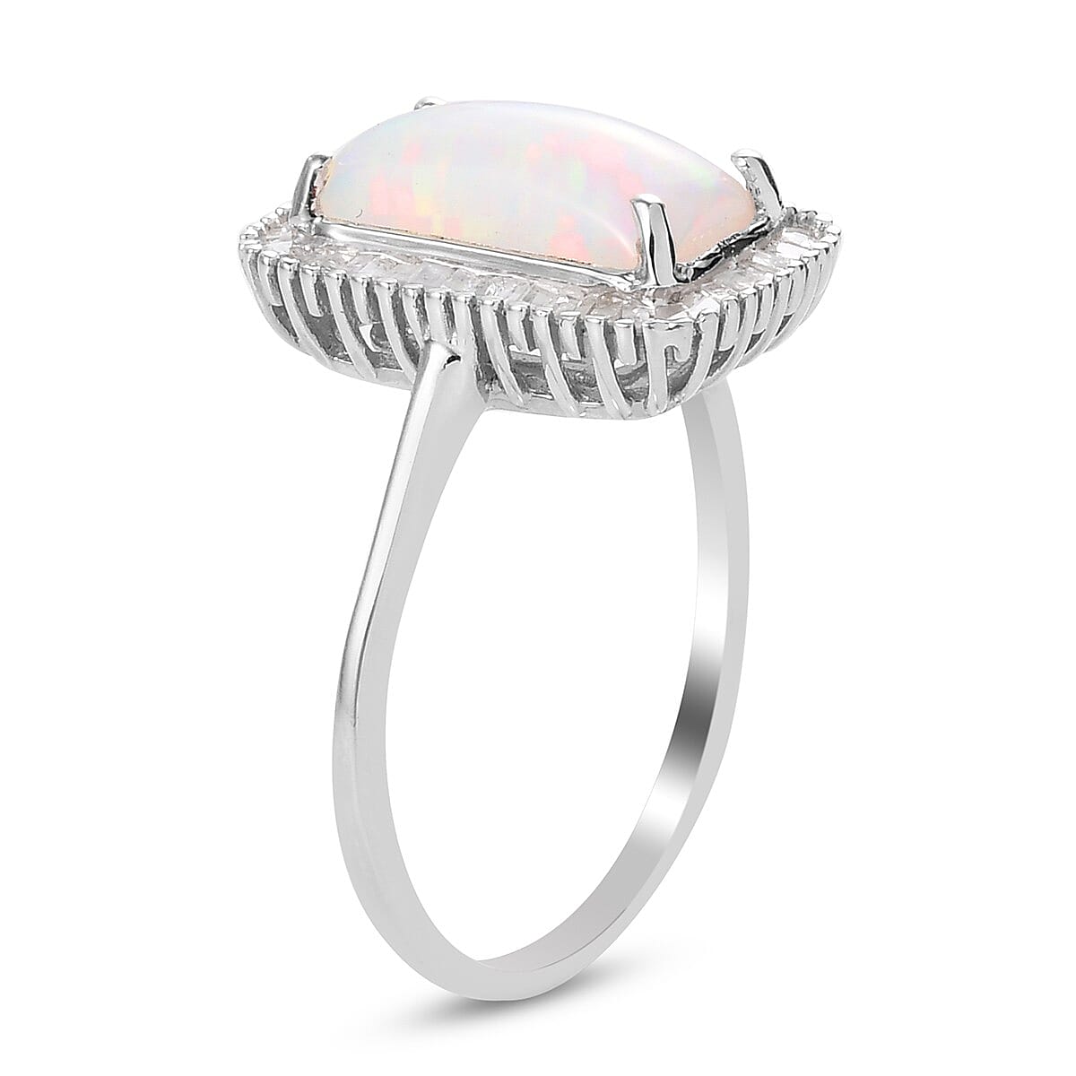 AAA Ethiopian Welo Opal and Diamond Ring in Platinum Overlay Sterling Silver 2.22 Ct.