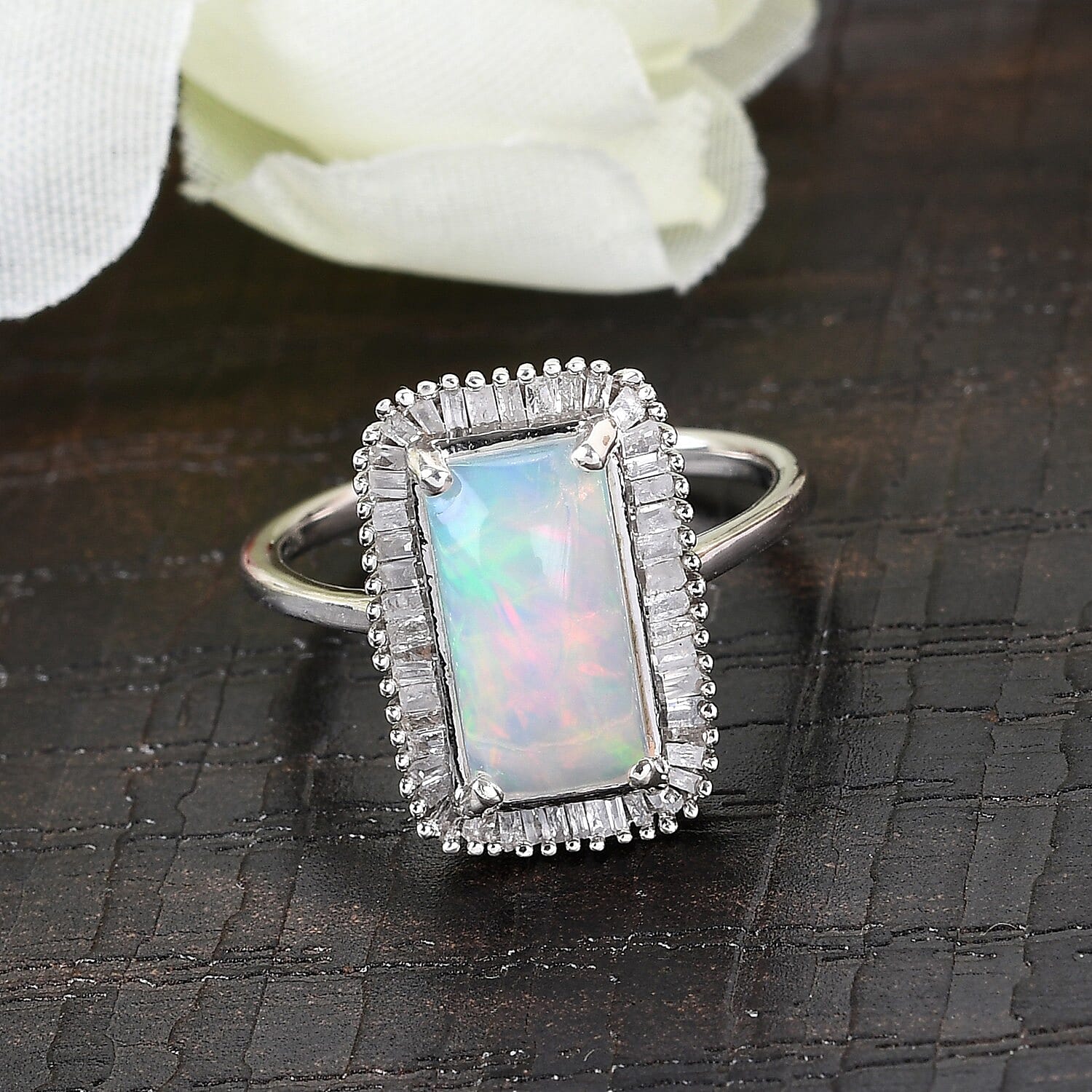 AAA Ethiopian Welo Opal and Diamond Ring in Platinum Overlay Sterling Silver 2.22 Ct.