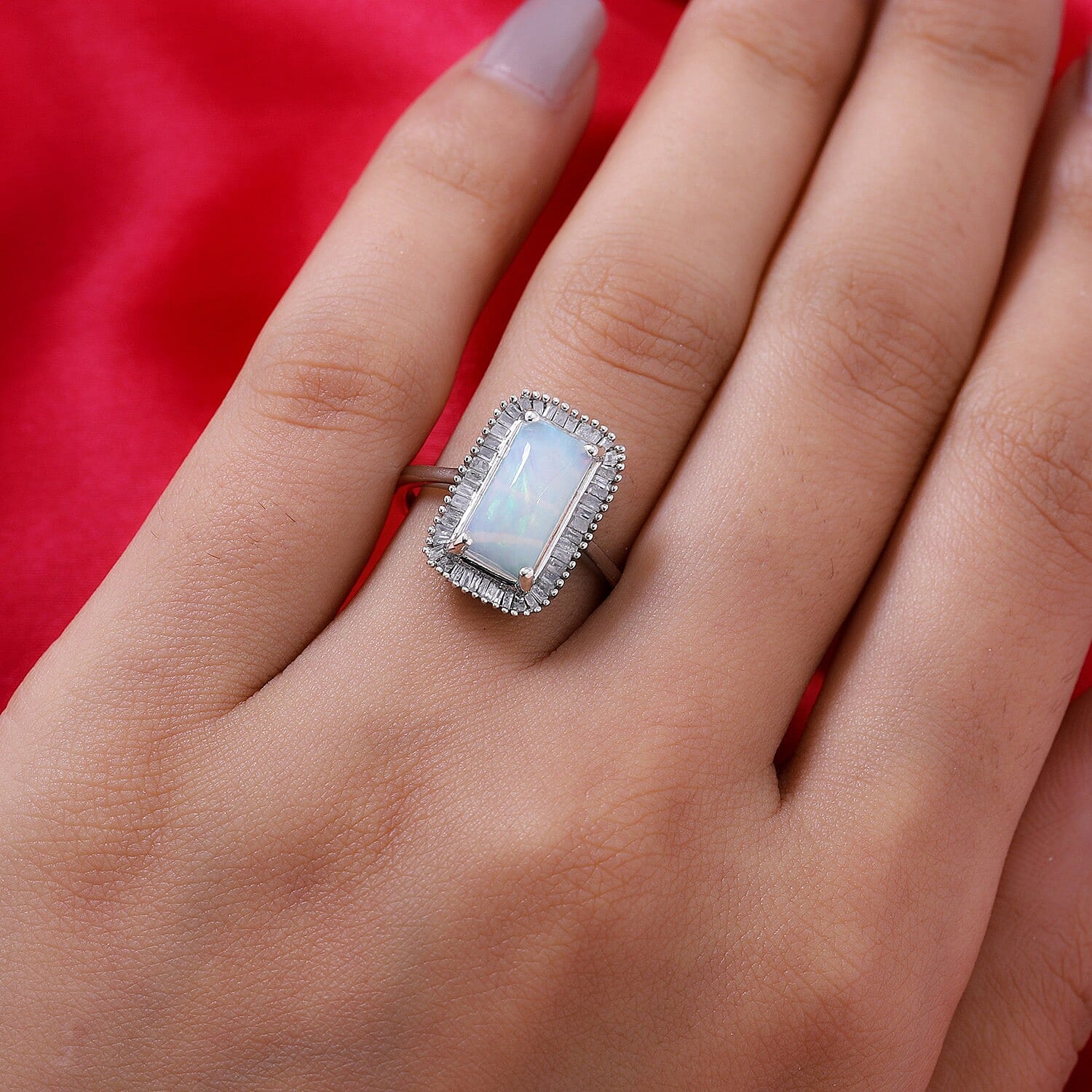 AAA Ethiopian Welo Opal and Diamond Ring in Platinum Overlay Sterling Silver 2.22 Ct.