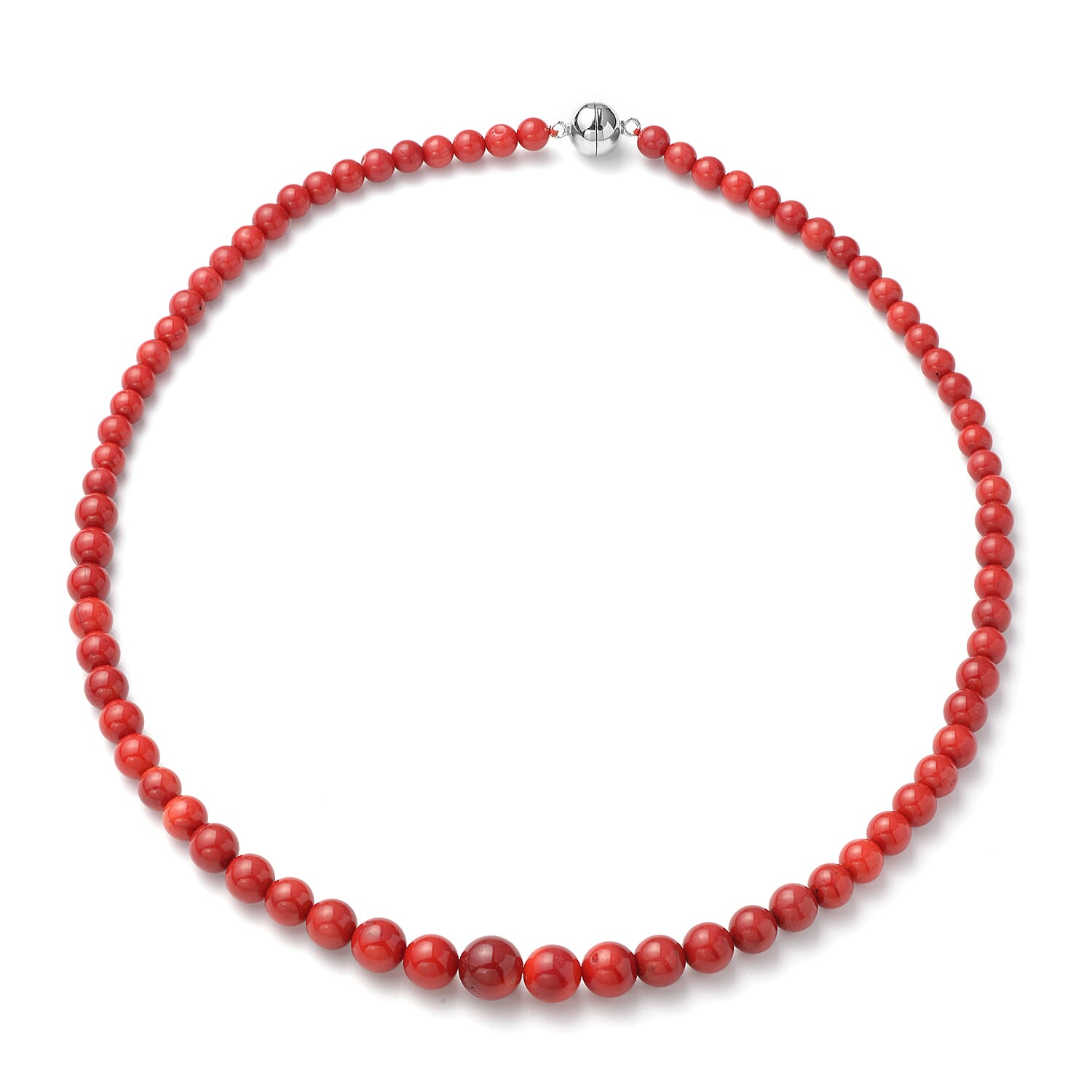Coral Beads Necklace (Size 20) with Magnetic Lock in Rhodium Overlay Sterling Silver
