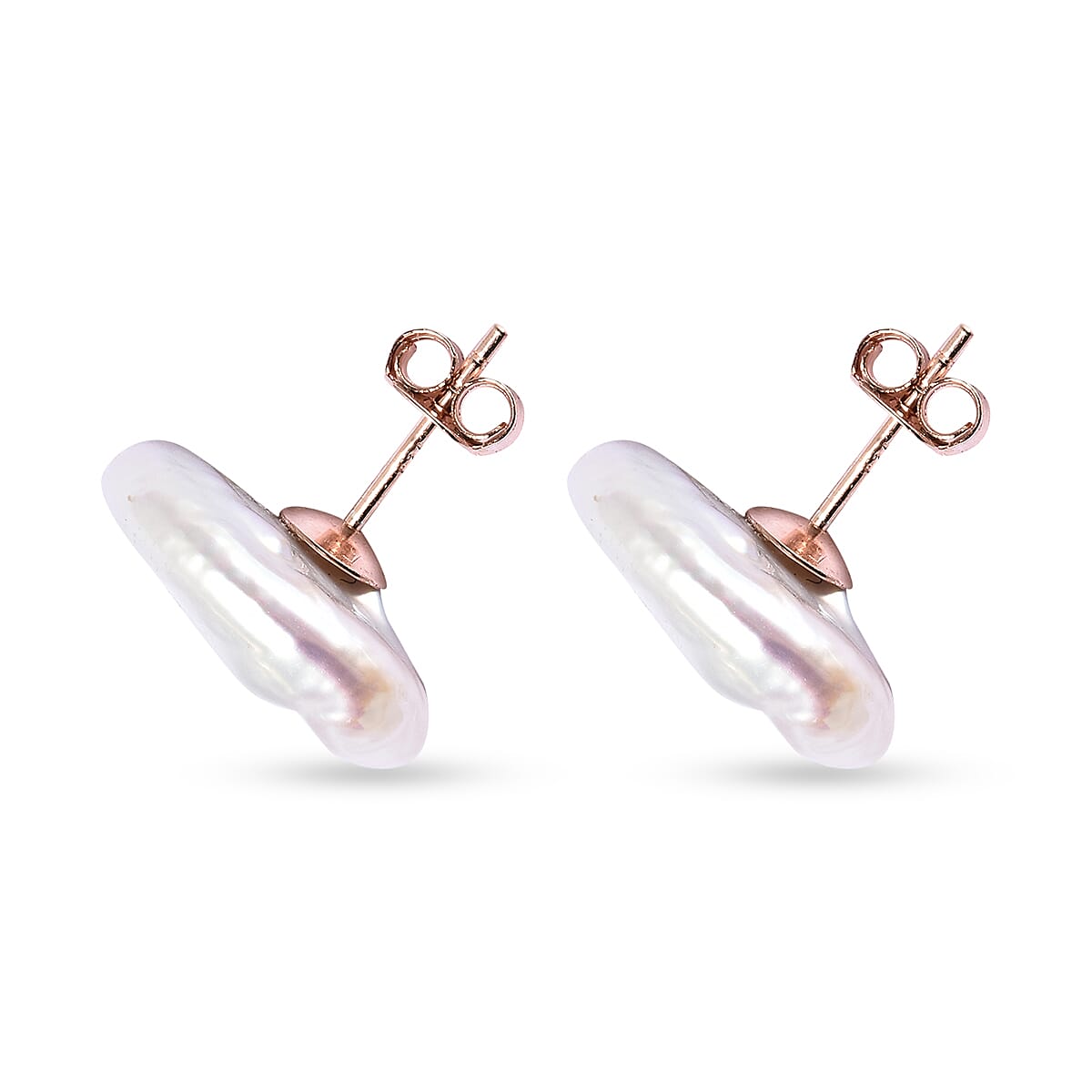 White Baroque Pearl Stud Earrings (with Push Back) in Rose Gold Overlay Sterling Silver