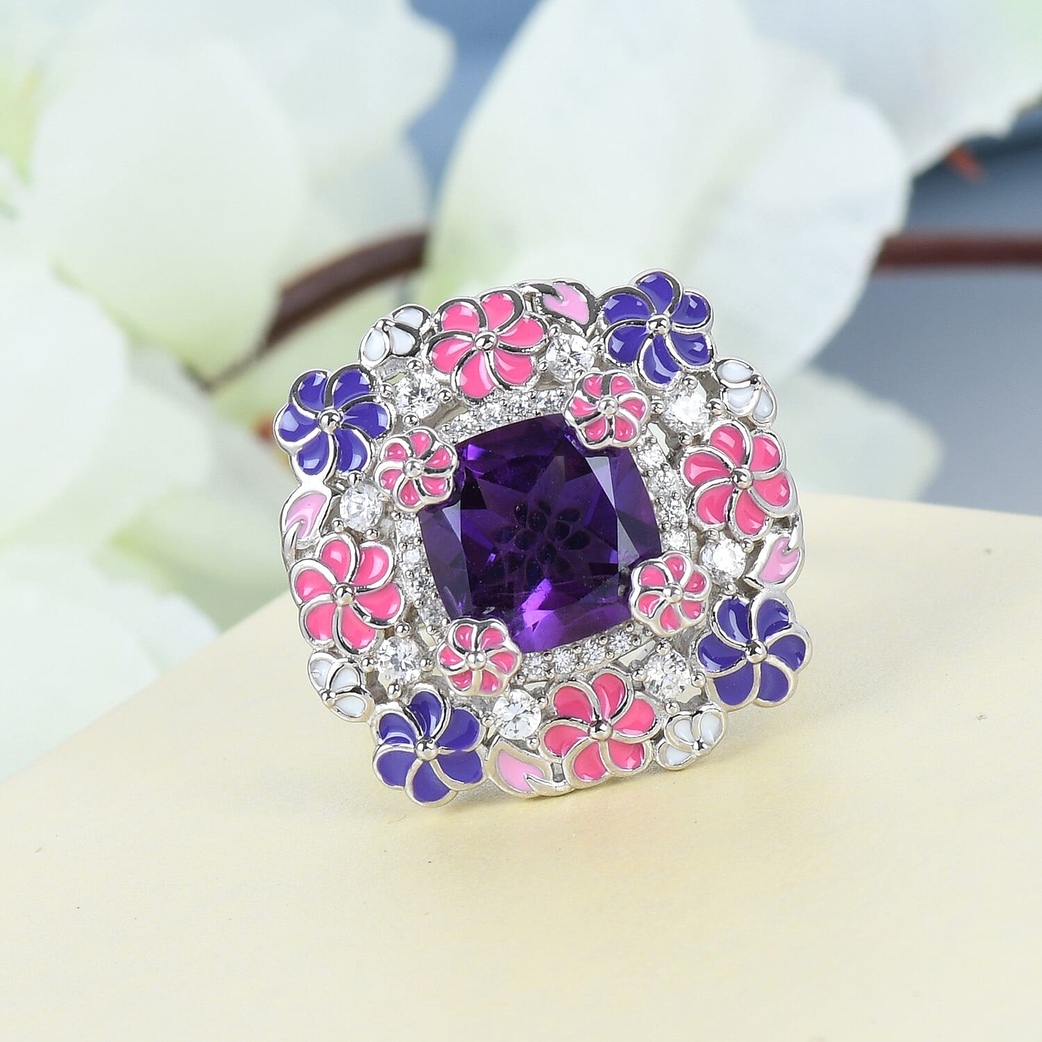 GP Italian Garden Collection - Lusaka Amethyst and Natural Cambodian Zircon and Multi Gemstone Enamelled Ring in Platinum Overlay Sterling Silver 4.25 Ct