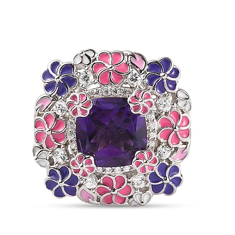 GP Italian Garden Collection - Lusaka Amethyst and Natural Cambodian Zircon and Multi Gemstone Enamelled Ring in Platinum Overlay Sterling Silver 4.25 Ct