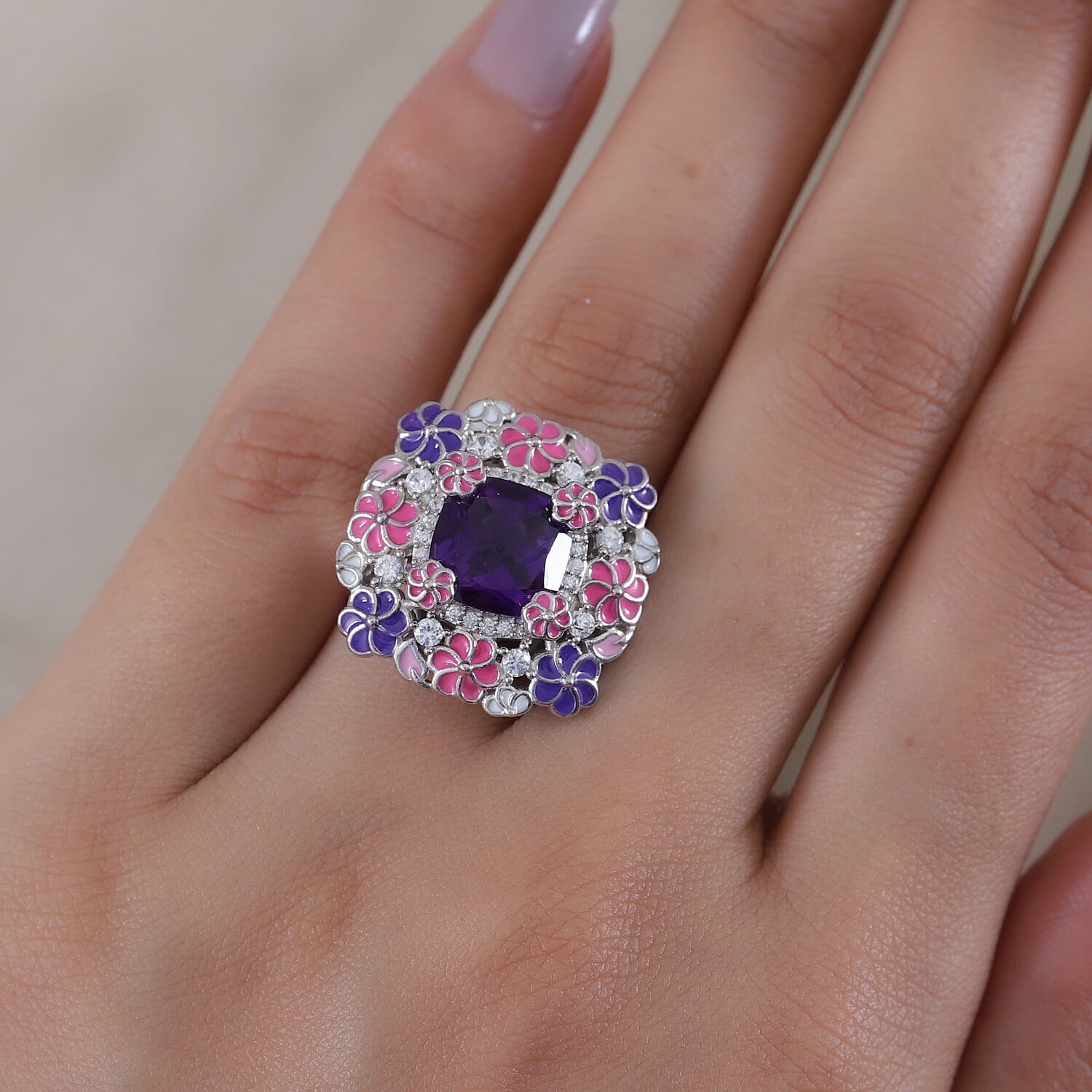 GP Italian Garden Collection - Lusaka Amethyst and Natural Cambodian Zircon and Multi Gemstone Enamelled Ring in Platinum Overlay Sterling Silver 4.25 Ct