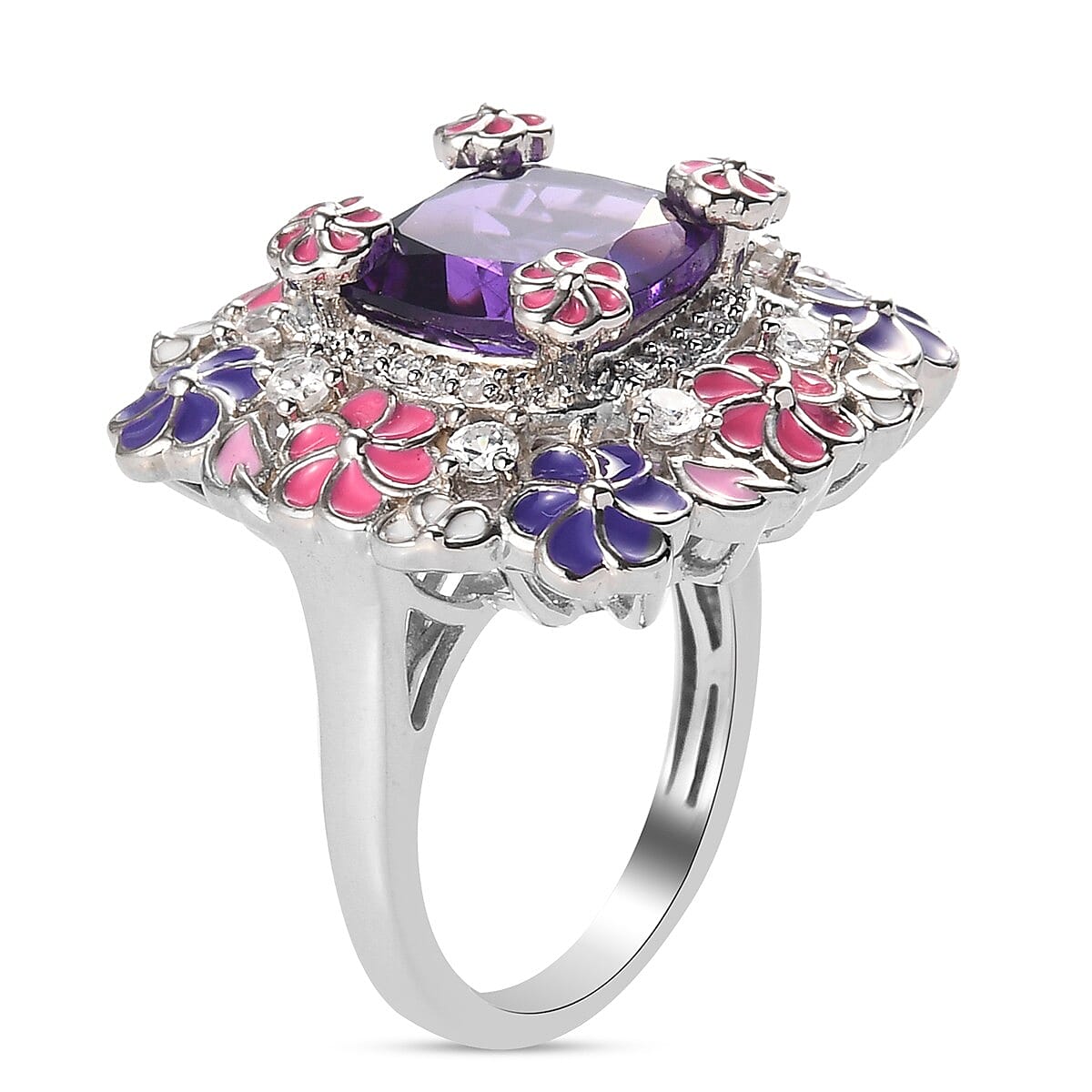 GP Italian Garden Collection - Lusaka Amethyst and Natural Cambodian Zircon and Multi Gemstone Enamelled Ring in Platinum Overlay Sterling Silver 4.25 Ct