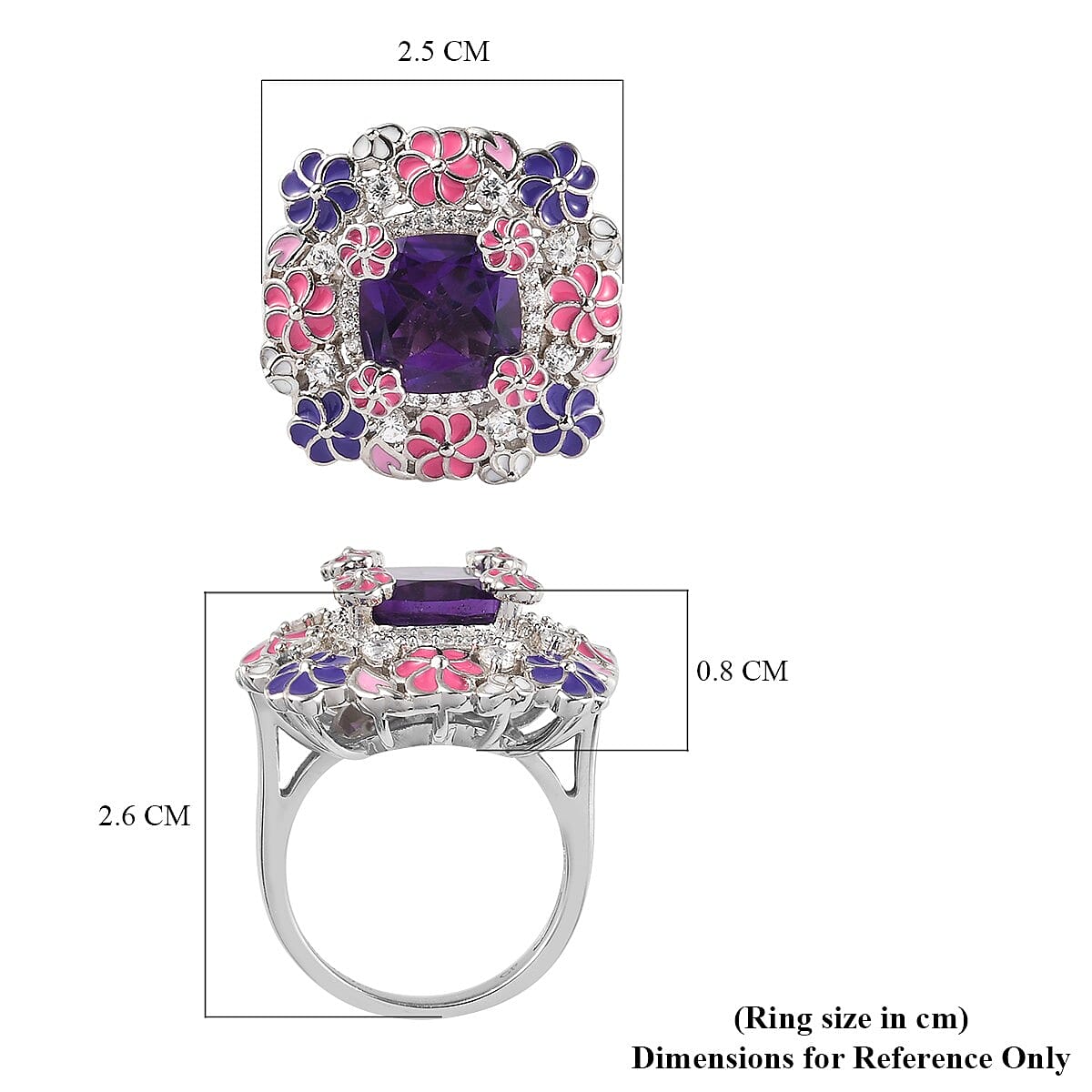 GP Italian Garden Collection - Lusaka Amethyst and Natural Cambodian Zircon and Multi Gemstone Enamelled Ring in Platinum Overlay Sterling Silver 4.25 Ct