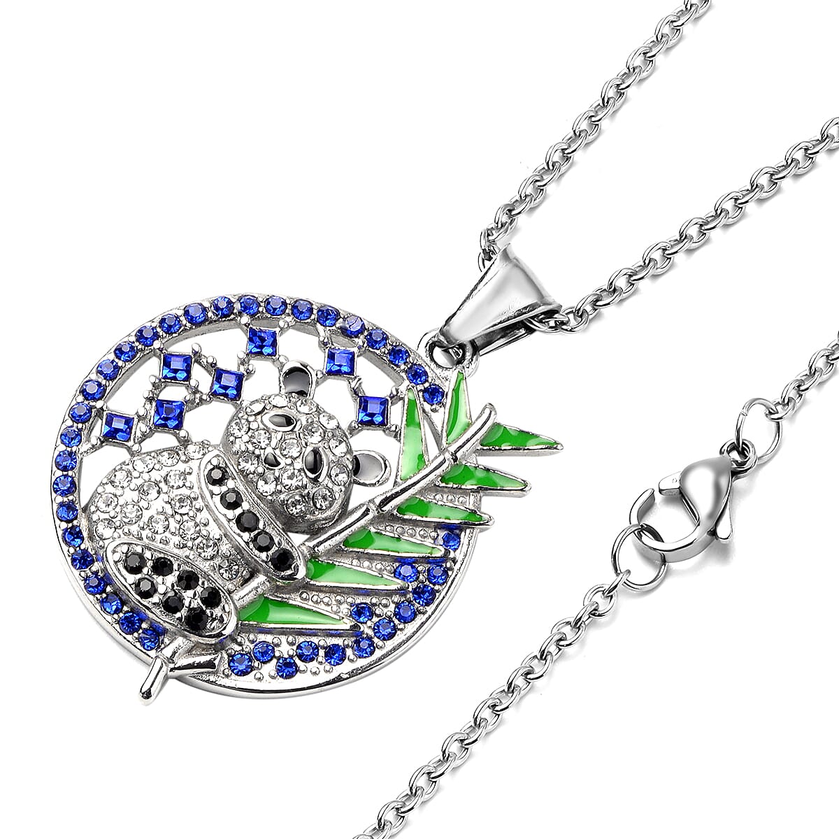 Multi Austrian Crystal Enamelled Panda Pendant with Chain (Size 20) in Silver Tone
