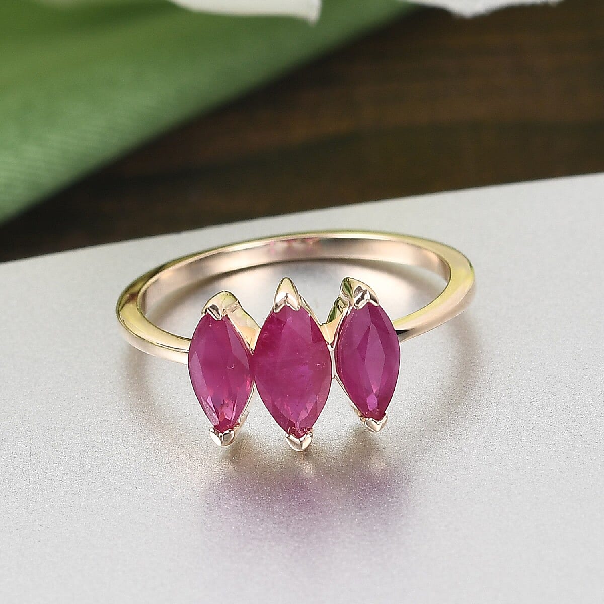 9K Yellow Gold Burma Ruby 3 Stone Ring 1.280 Ct. 9K Yellow Gold Burma Ruby 3 Stone Ring 1.280 Ct.
