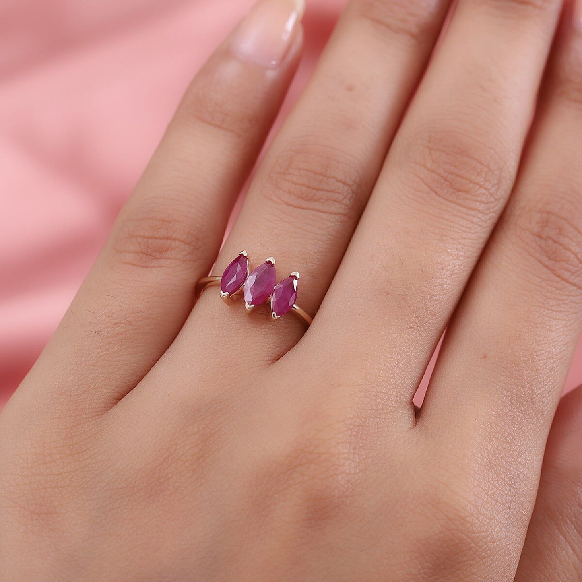 9K Yellow Gold Burma Ruby 3 Stone Ring 1.280 Ct. 9K Yellow Gold Burma Ruby 3 Stone Ring 1.280 Ct.