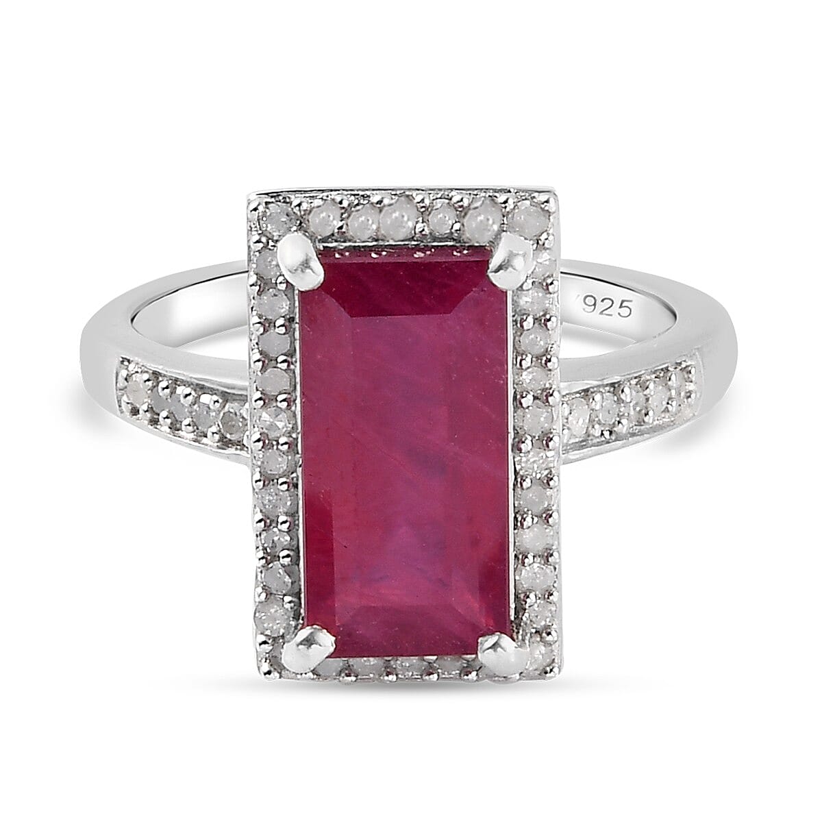 African Ruby (FF) and Diamond Ring in Platinum Overlay Sterling Silver 4.57 Ct.