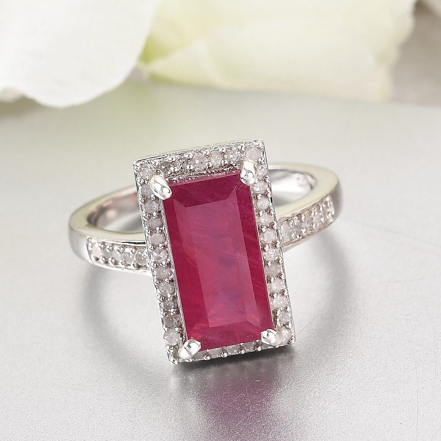 African Ruby (FF) and Diamond Ring in Platinum Overlay Sterling Silver 4.57 Ct.