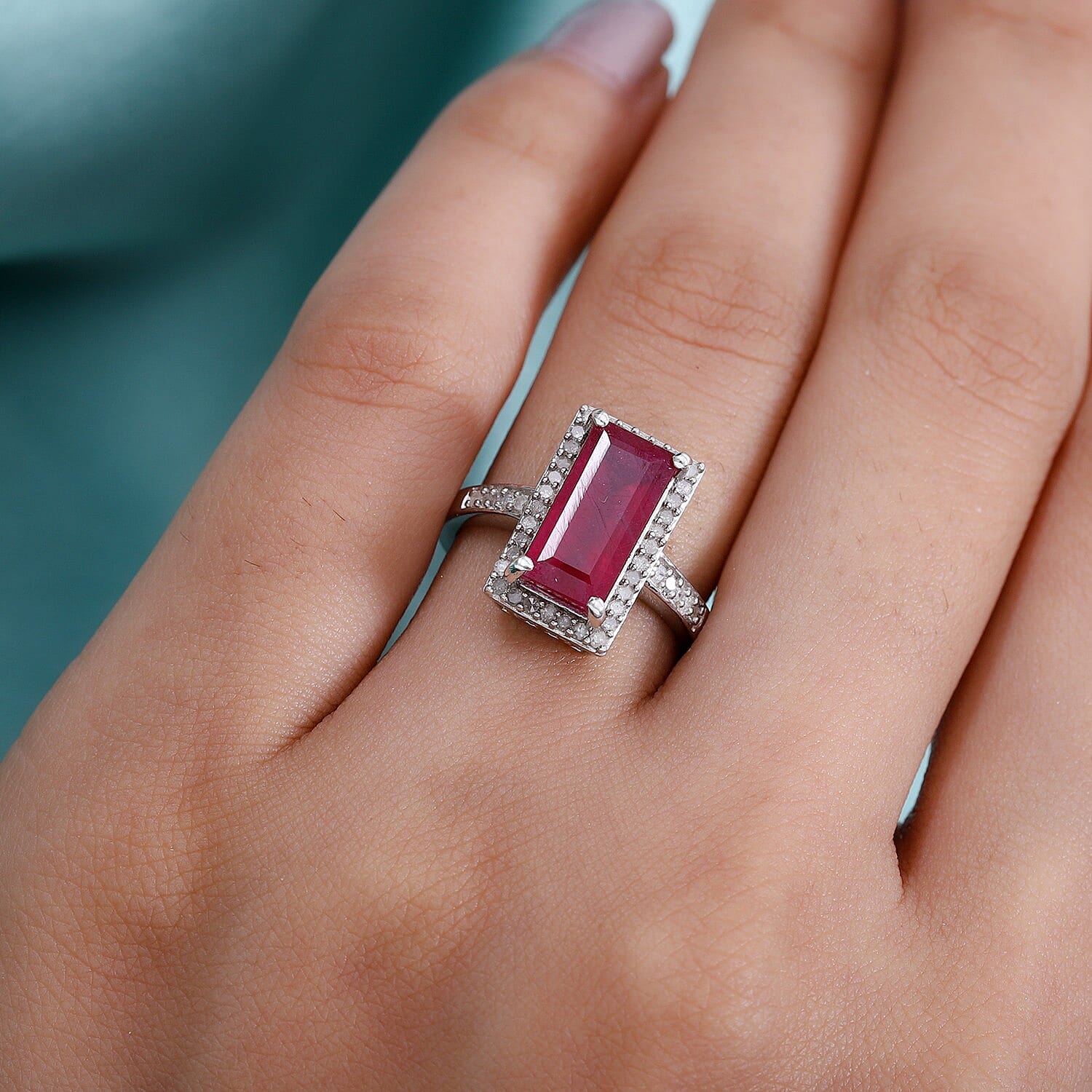 African Ruby (FF) and Diamond Ring in Platinum Overlay Sterling Silver 4.57 Ct.