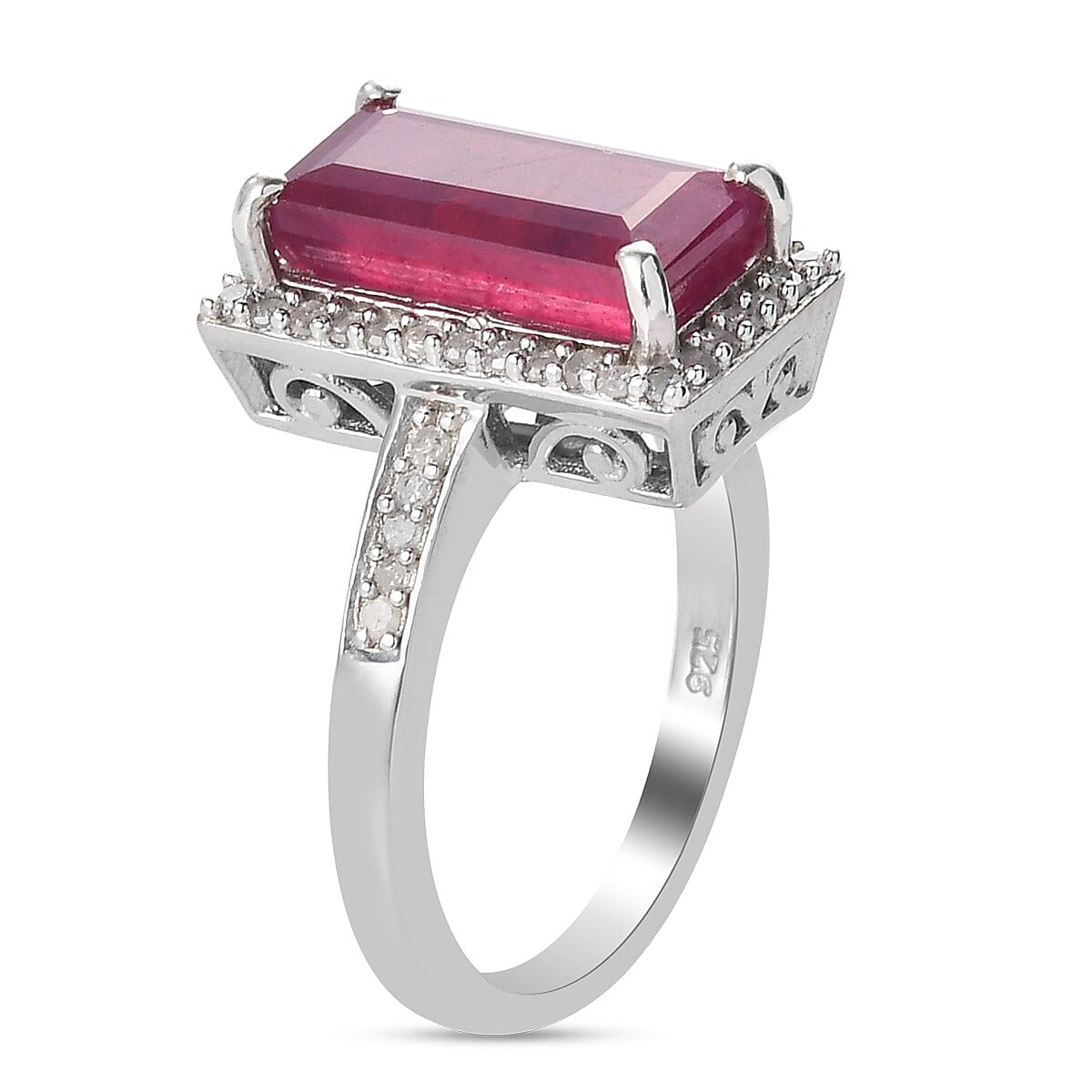 African Ruby (FF) and Diamond Ring in Platinum Overlay Sterling Silver 4.57 Ct.