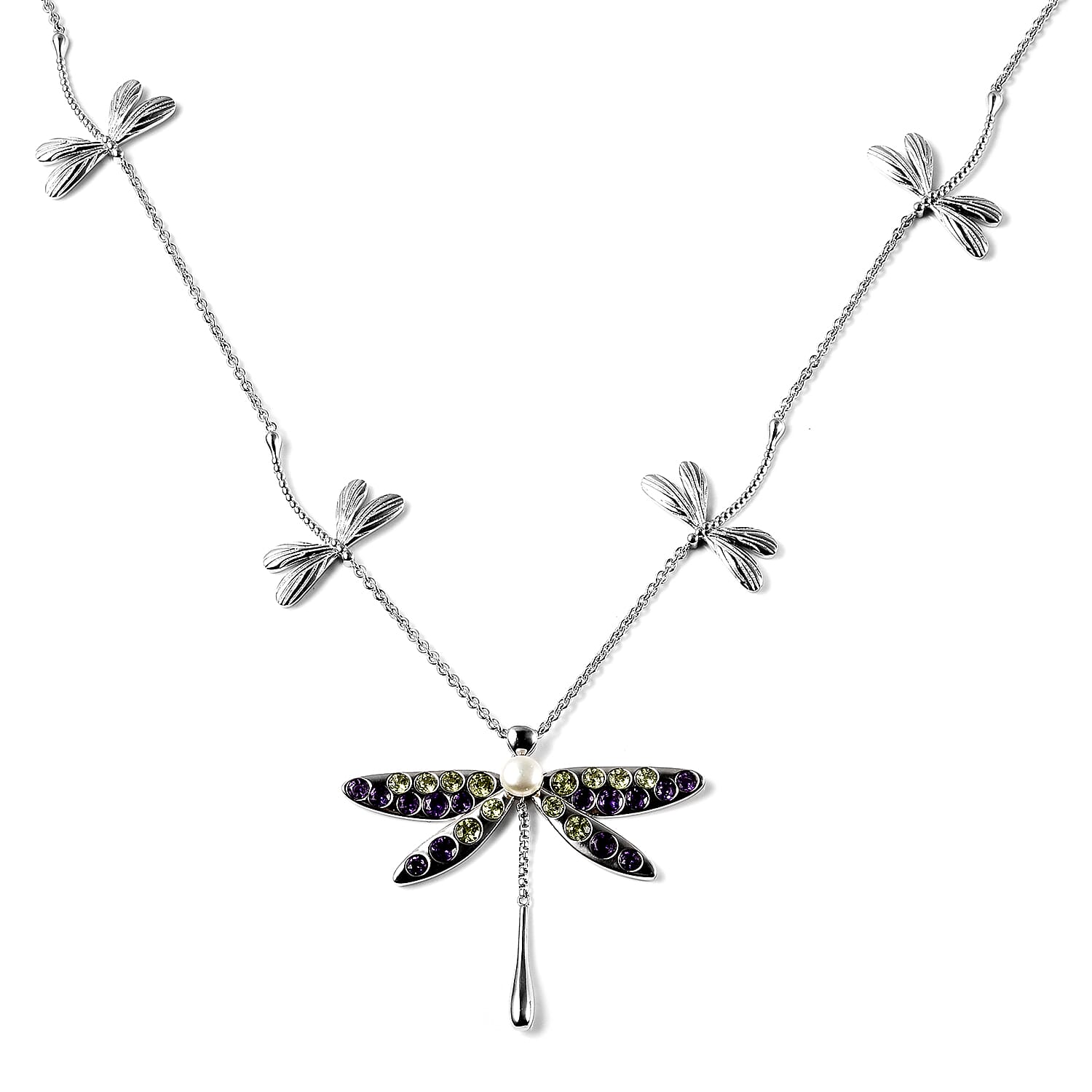 LucyQ Dragonfly Collection - Hebei Peridot, Amethyst and Freshwater Pearl Necklace (Size 26-28-30) in Rhodium Overlay Sterling Silver