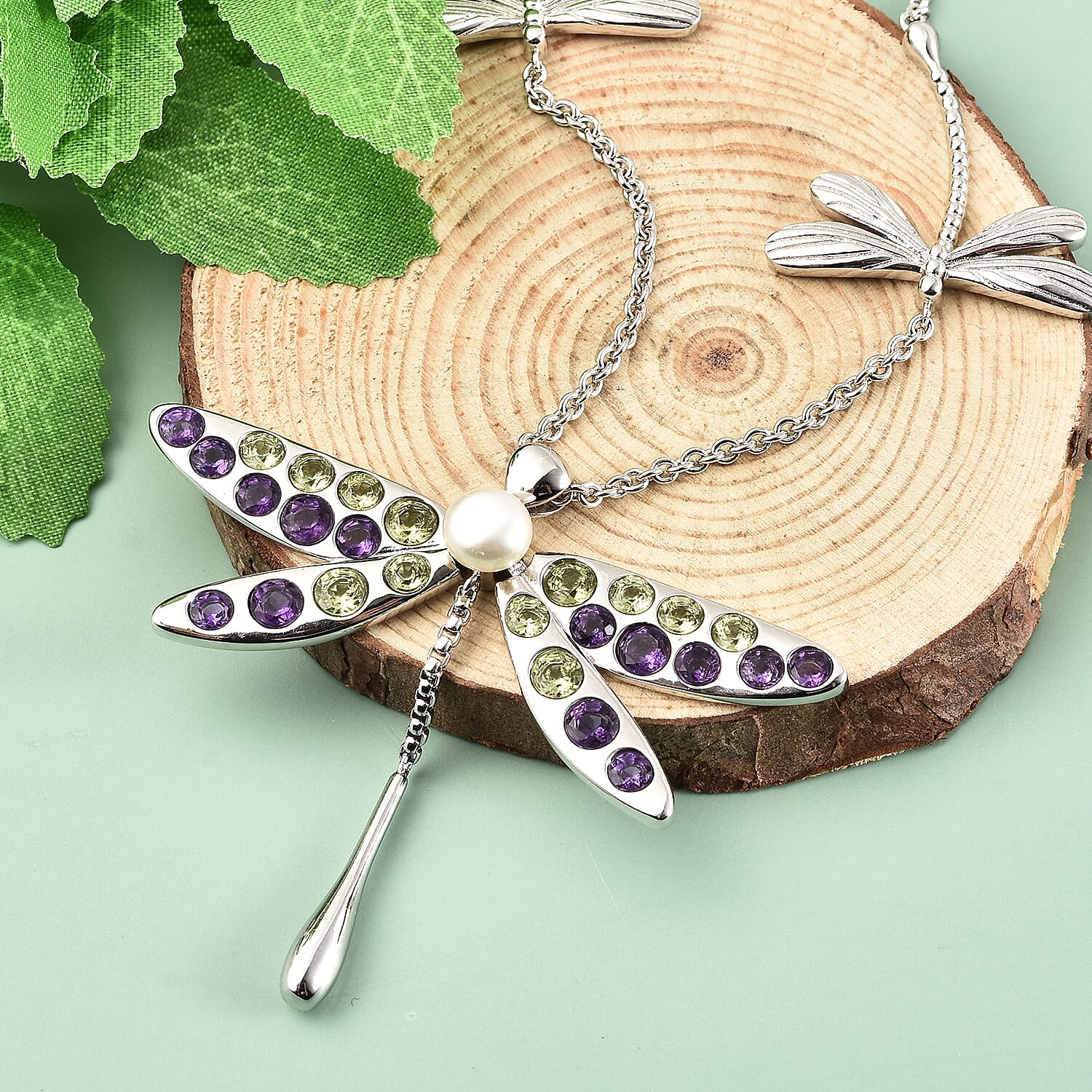LucyQ Dragonfly Collection - Hebei Peridot, Amethyst and Freshwater Pearl Necklace (Size 26-28-30) in Rhodium Overlay Sterling Silver