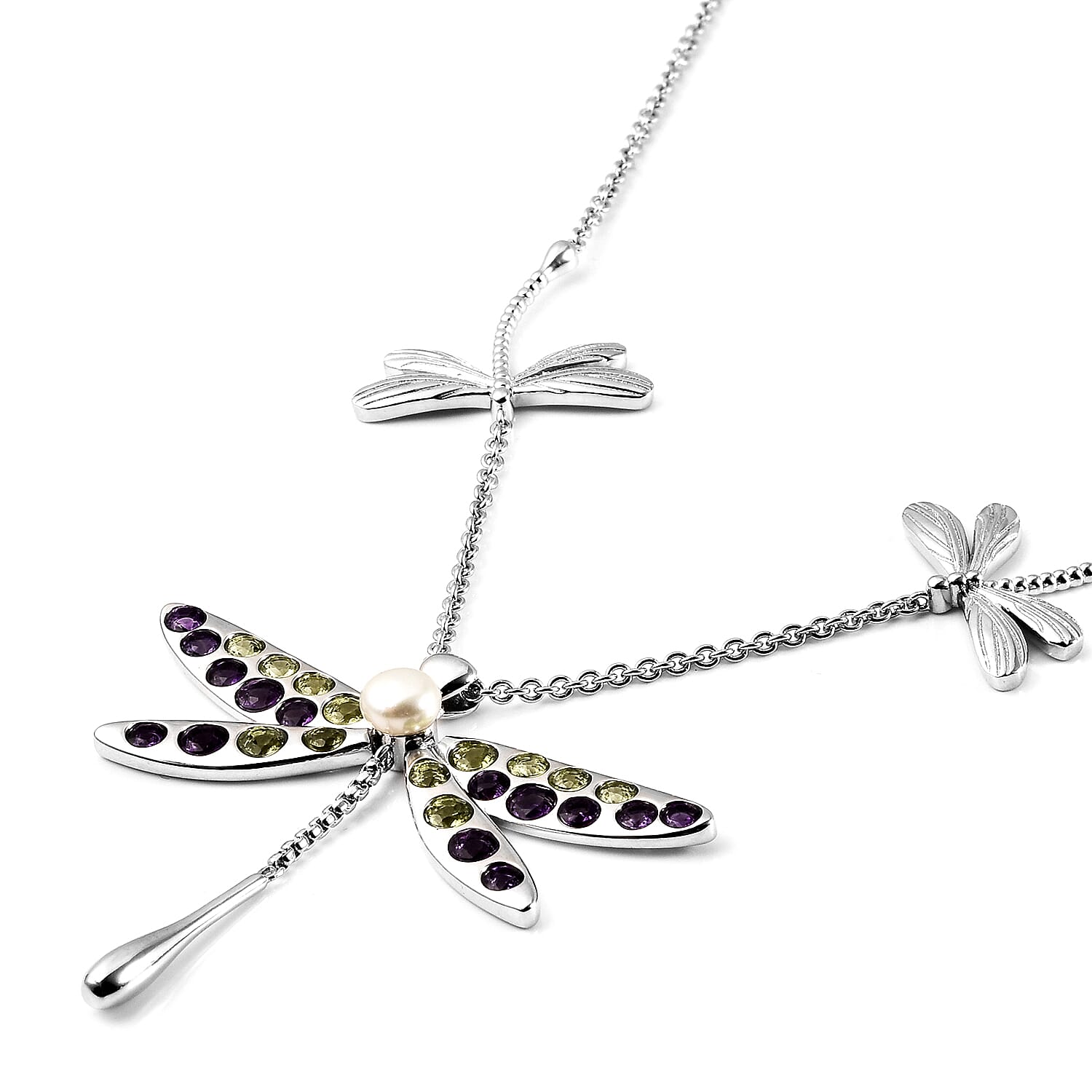 LucyQ Dragonfly Collection - Hebei Peridot, Amethyst and Freshwater Pearl Necklace (Size 26-28-30) in Rhodium Overlay Sterling Silver
