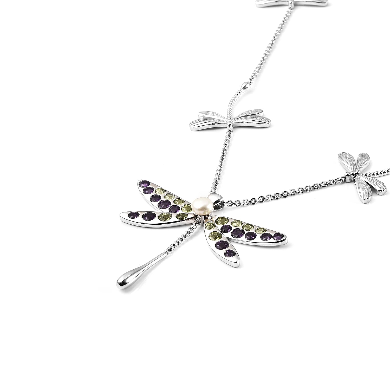 LucyQ Dragonfly Collection - Hebei Peridot, Amethyst and Freshwater Pearl Necklace (Size 26-28-30) in Rhodium Overlay Sterling Silver