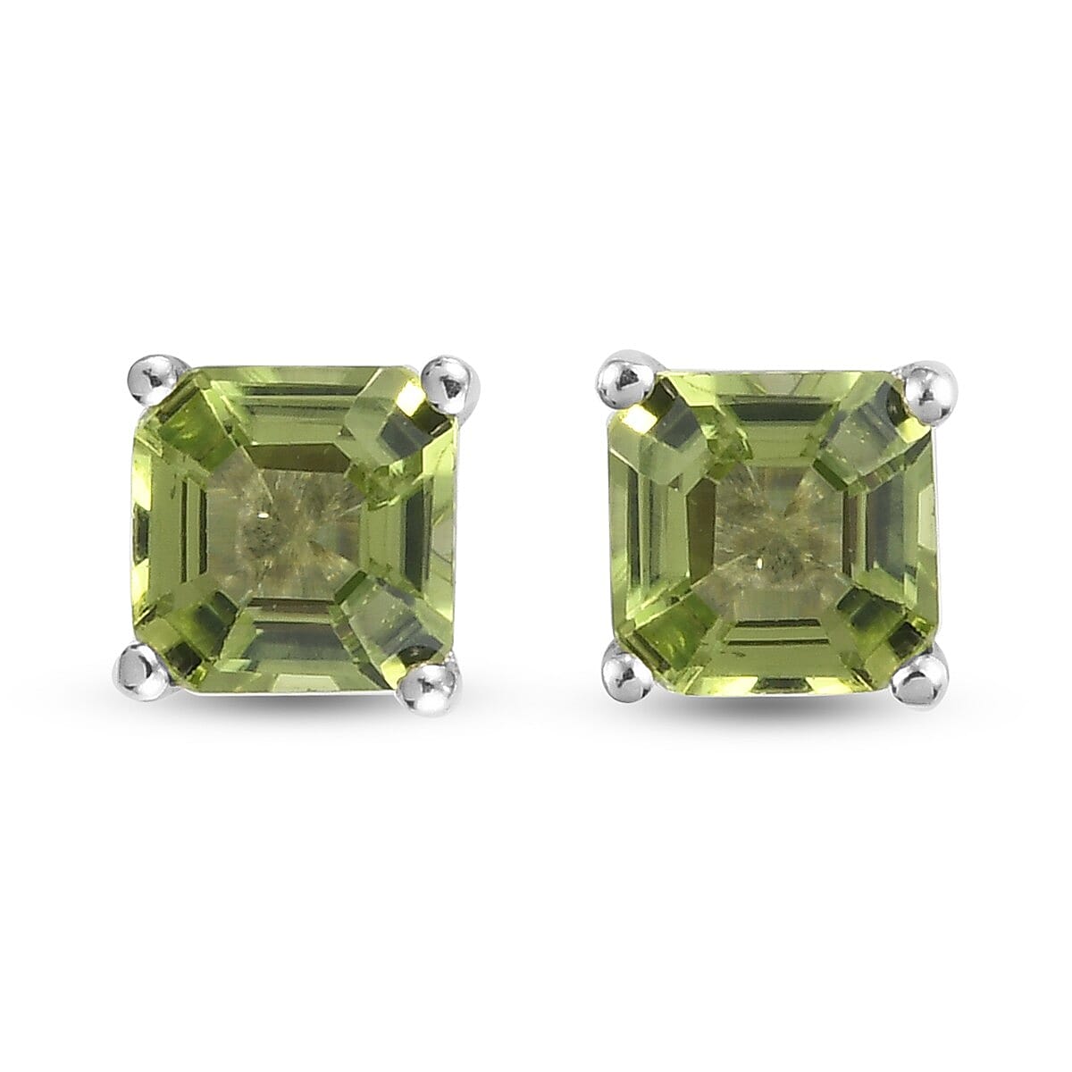 Hebei Peridot (Ascher Cut) Solitaire Earrings in Platinum Overlay Sterling Silver 1.34 Ct