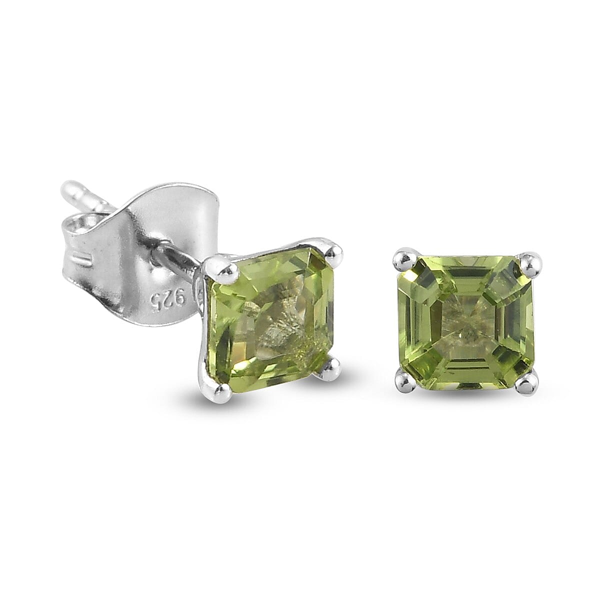 Hebei Peridot (Ascher Cut) Solitaire Earrings in Platinum Overlay Sterling Silver 1.34 Ct